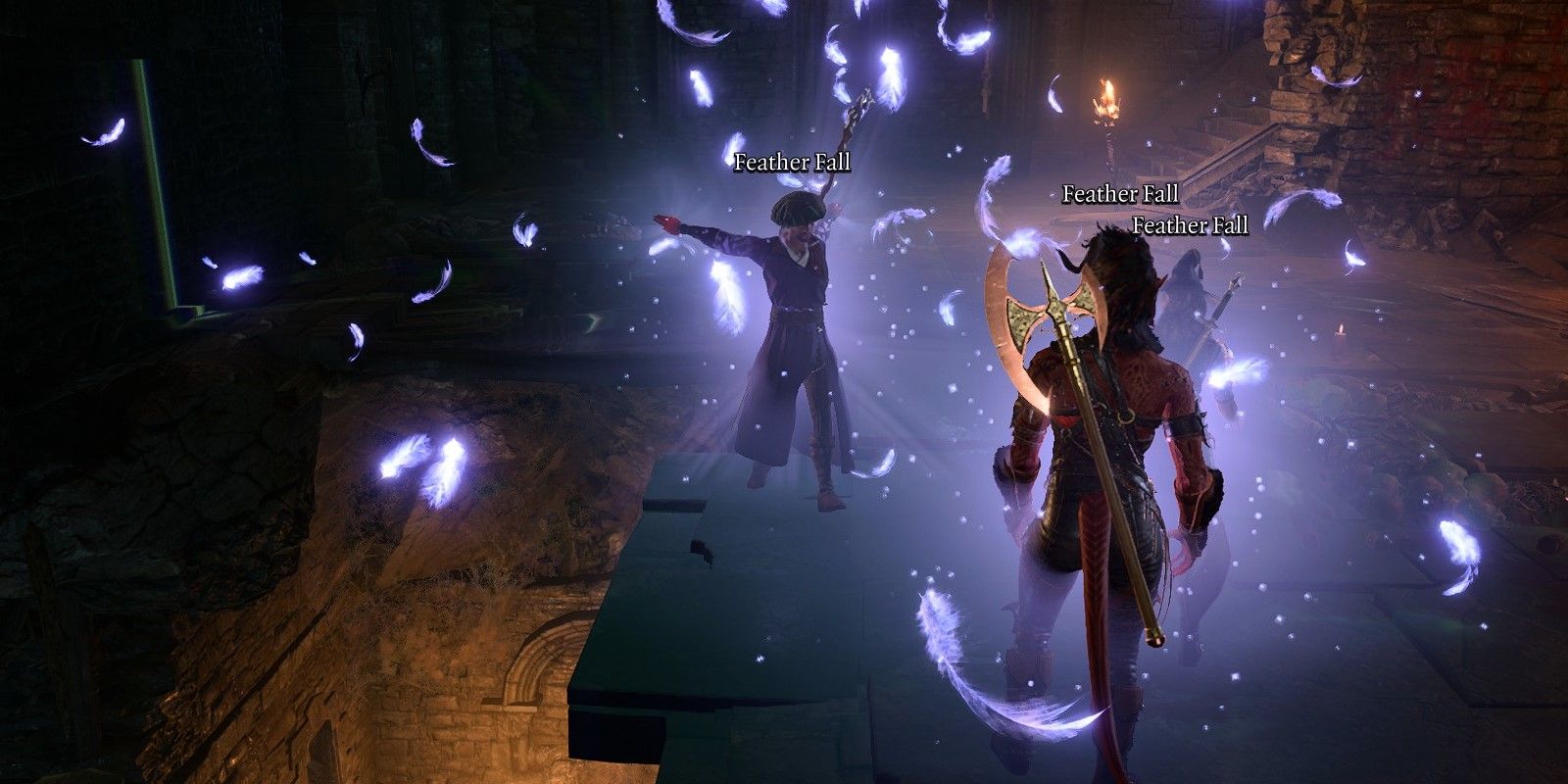 A spellcaster using feather fall on party members in Baldur's Gate 3.