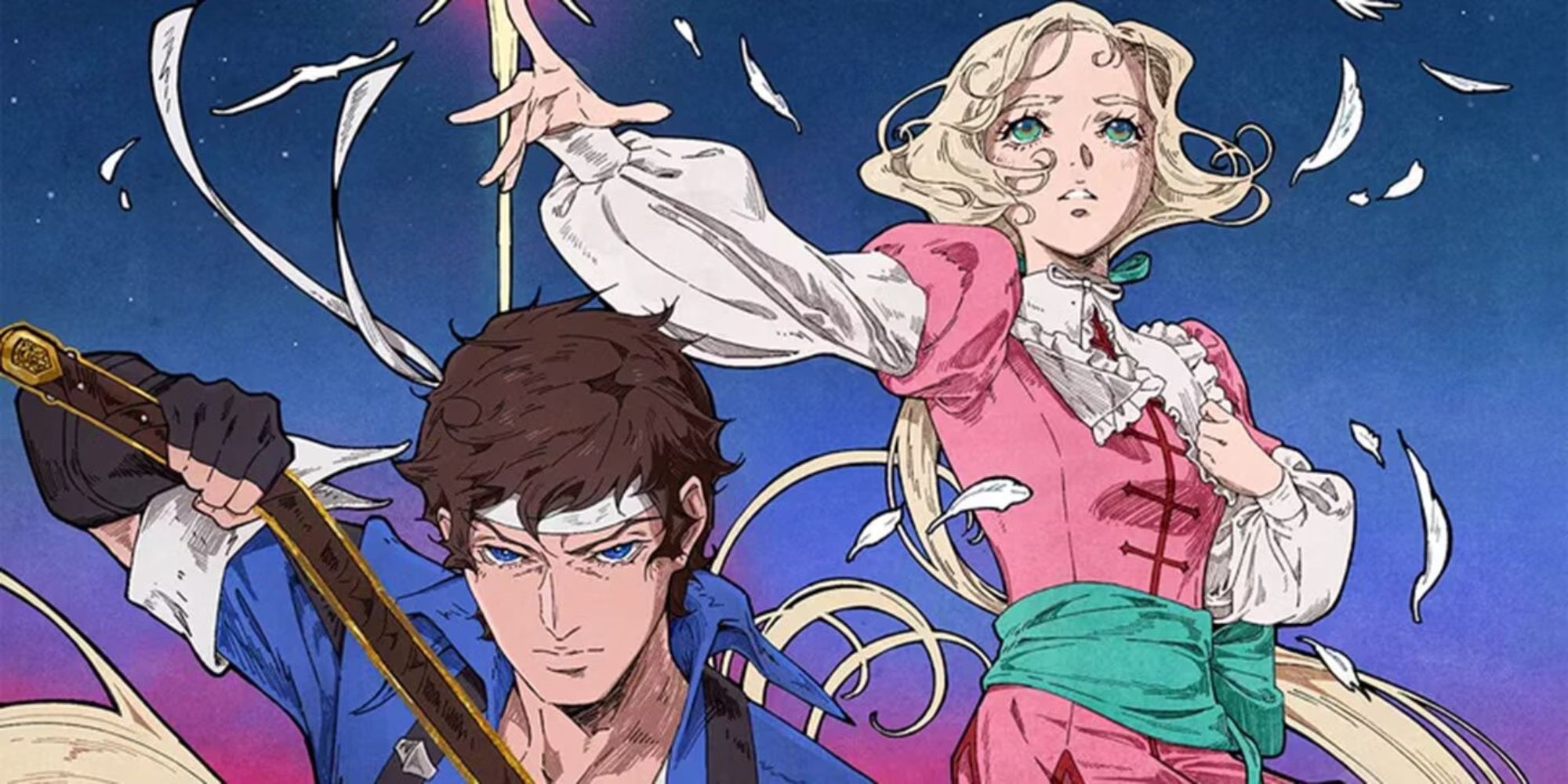Still of Richter Belmont and Maria drawing weapons against a blue background in Castlevania Nocturne
