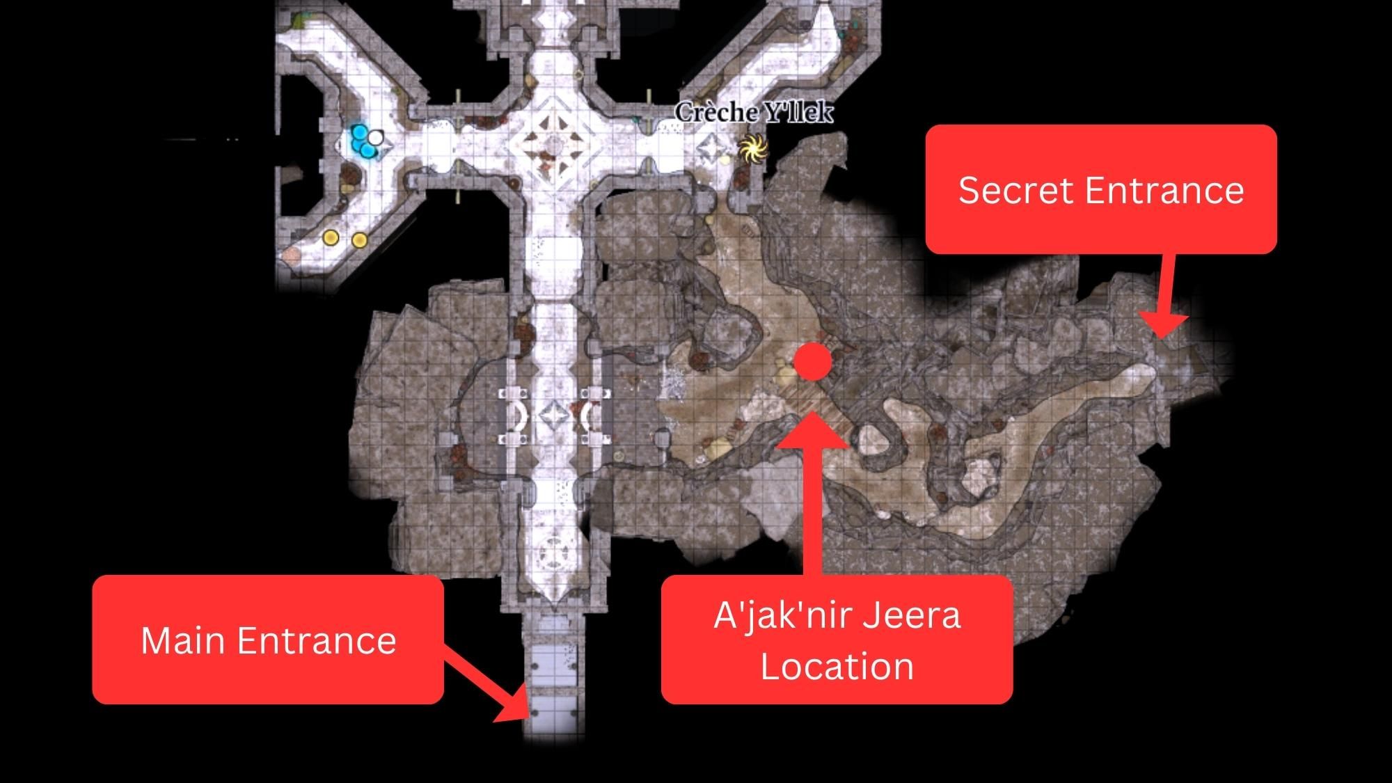 creche y'llek main and secret entrance and A'jak'nir Jeera location marked on the map in bg3