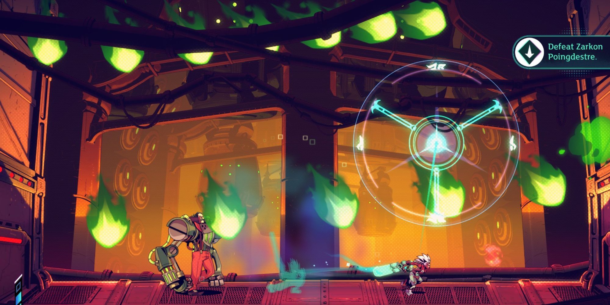 Convergence screenshot protagonist dodging Zarkon Poingdestre's projectiles
