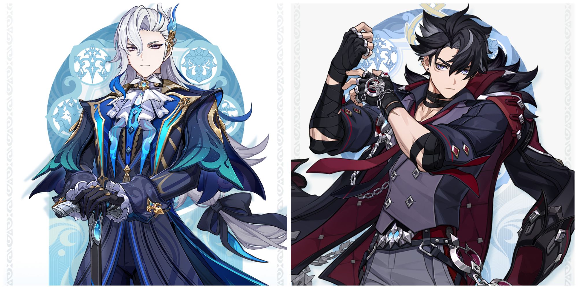 Split image of the new characters Neuvillette and Wriothesley in Genshin Impact.