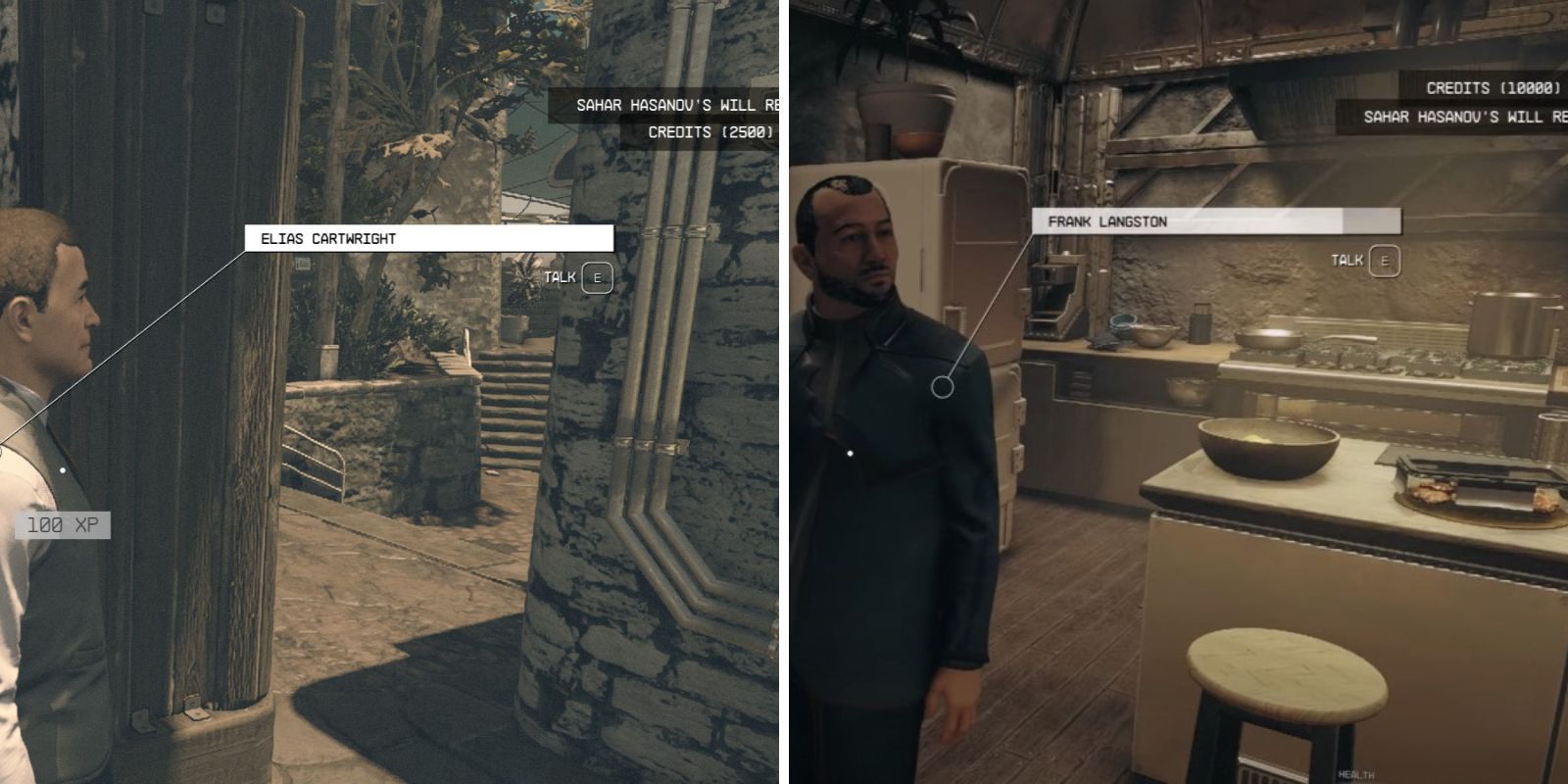 The Starfield character is contemplating who to give the Will to, Mayor Elias Cartwright or Frank Langston and comparing the rewards.