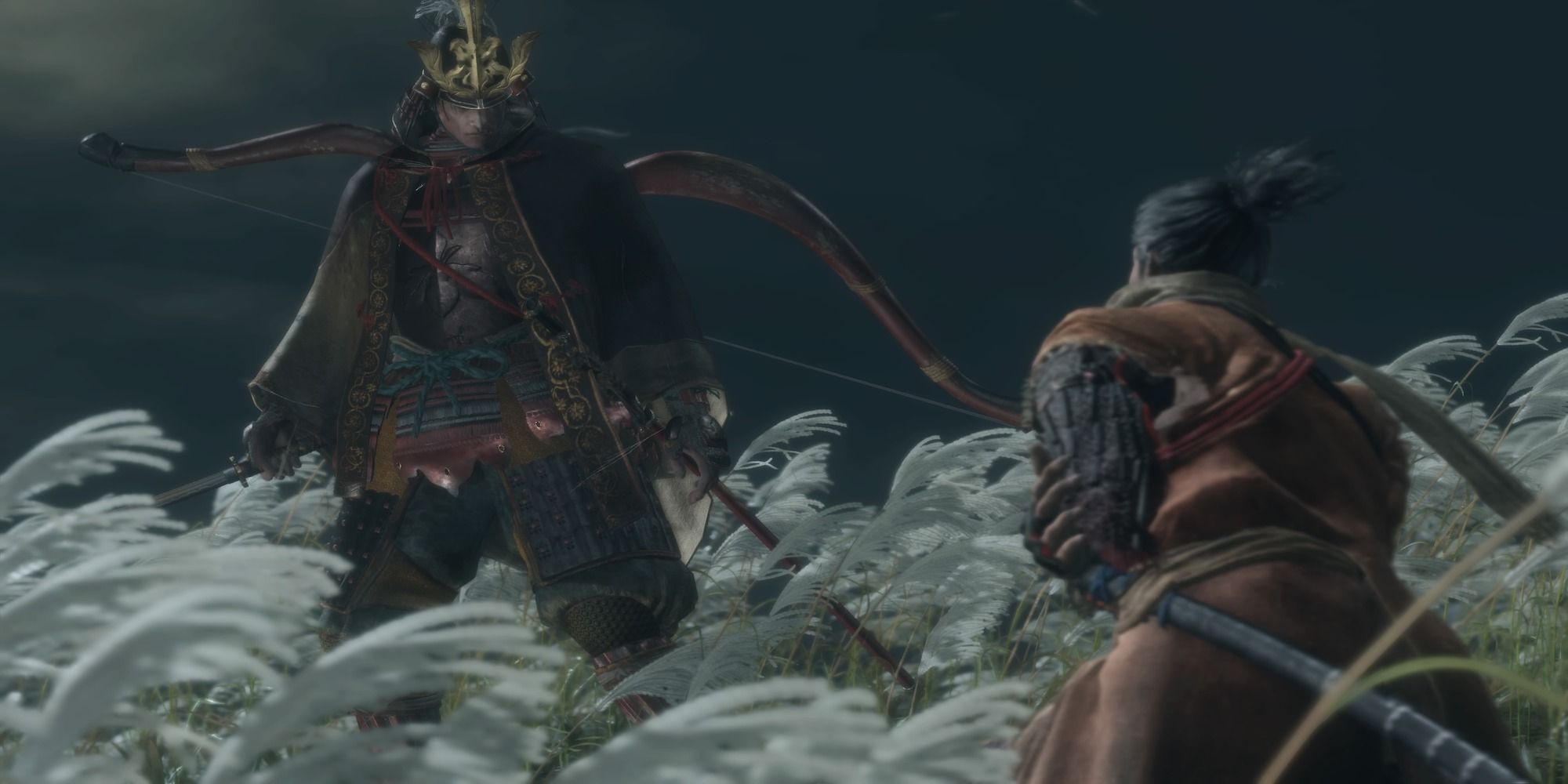 Genichiro Ashina towering over the player (Sekiro: Shadows Die Twice)