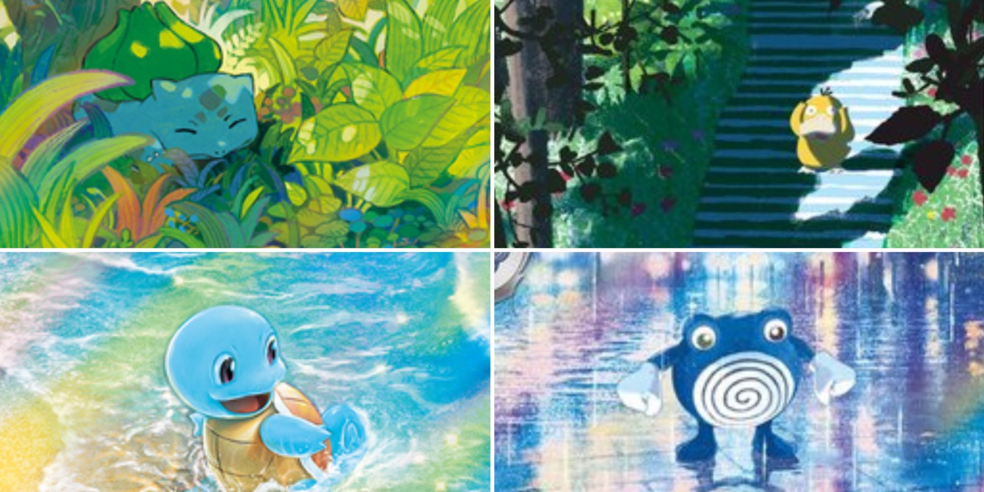 Split image of Bulbasaur, Squirtle, Polywhirl, and Psyduck art in Pokemon TCG Scarlet & Violet 151