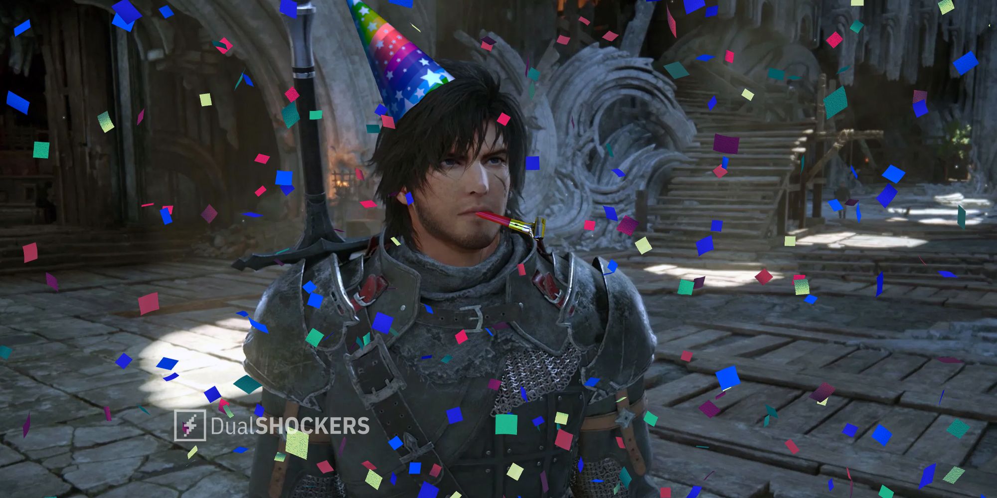 Final Fantasy 16 Clive with party hat and confetti