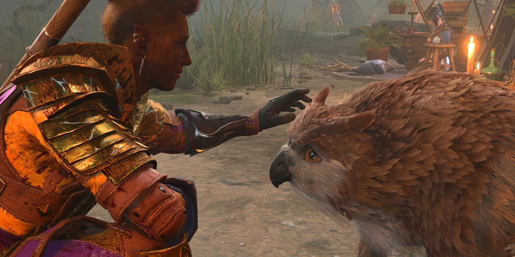 The Adventurer pets the owlbear in Baldur's Gate 3