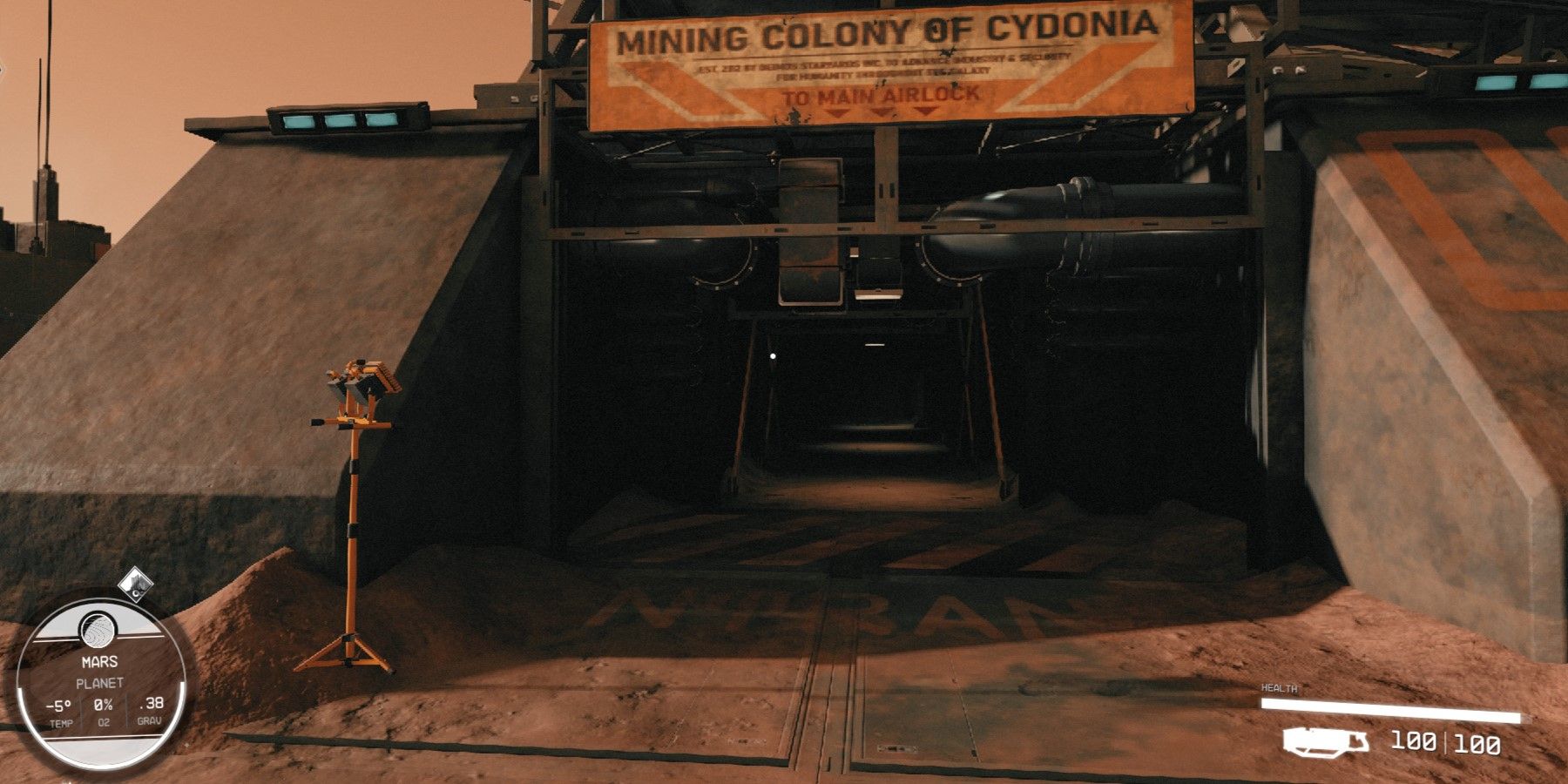 The Starfield character is about to enter the Mining Cydonia Colony on Mars.