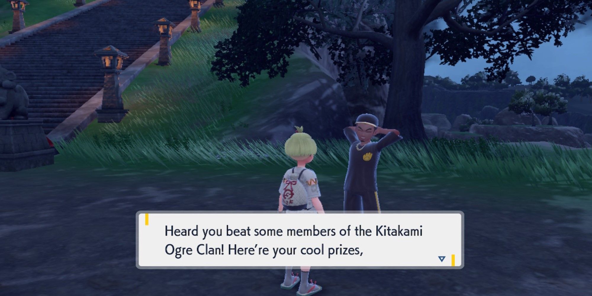 Pokemon Scarlet And Violet DLC Kitakami Ogre Club Leader Giving Prizes For Beating Clan Members