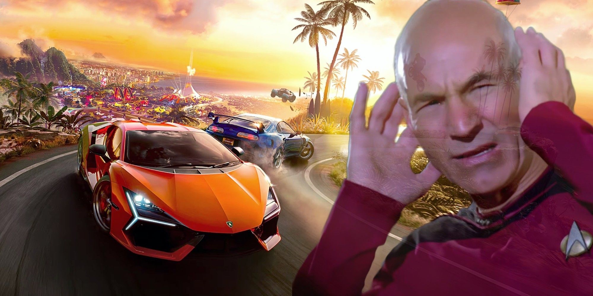 The Crew Motorfest Key Artwork With An Orange Lambo And Star Trek's Picard Covering His Ears