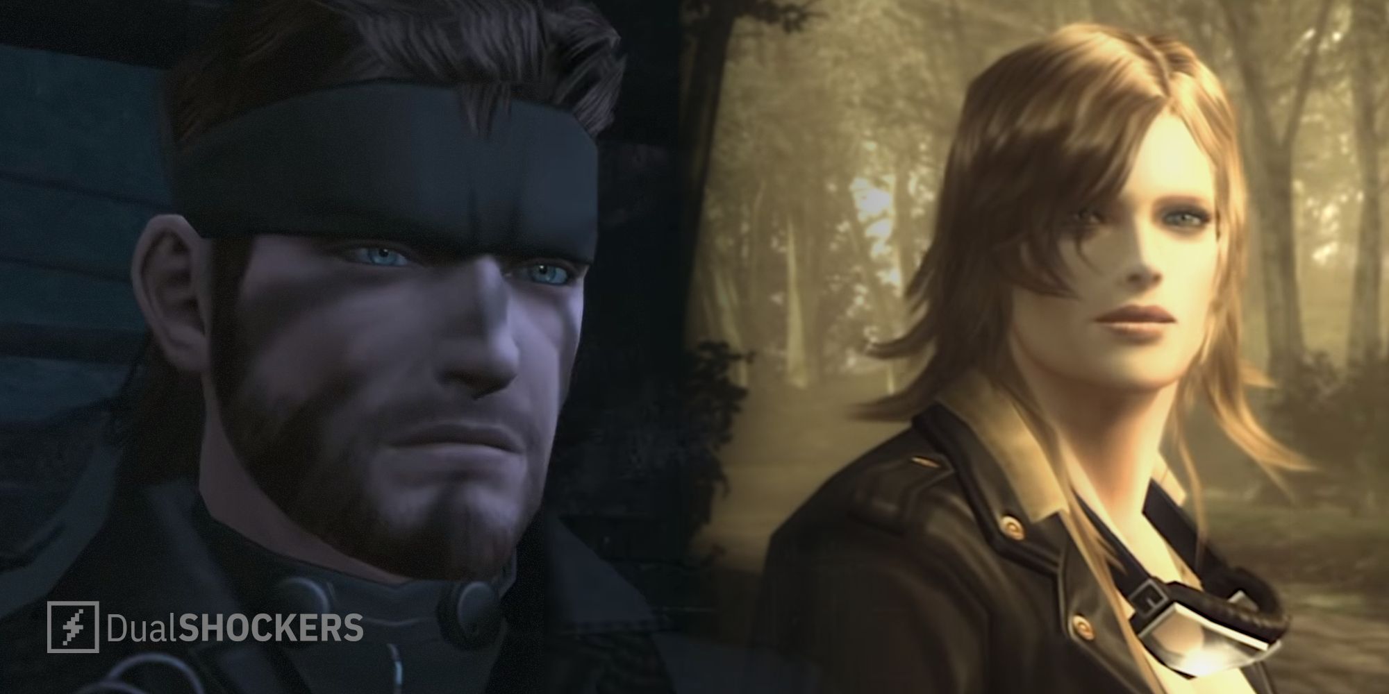 Split image of Naked Snake and Eva in a cutscene from Metal Gear Solid 3.
