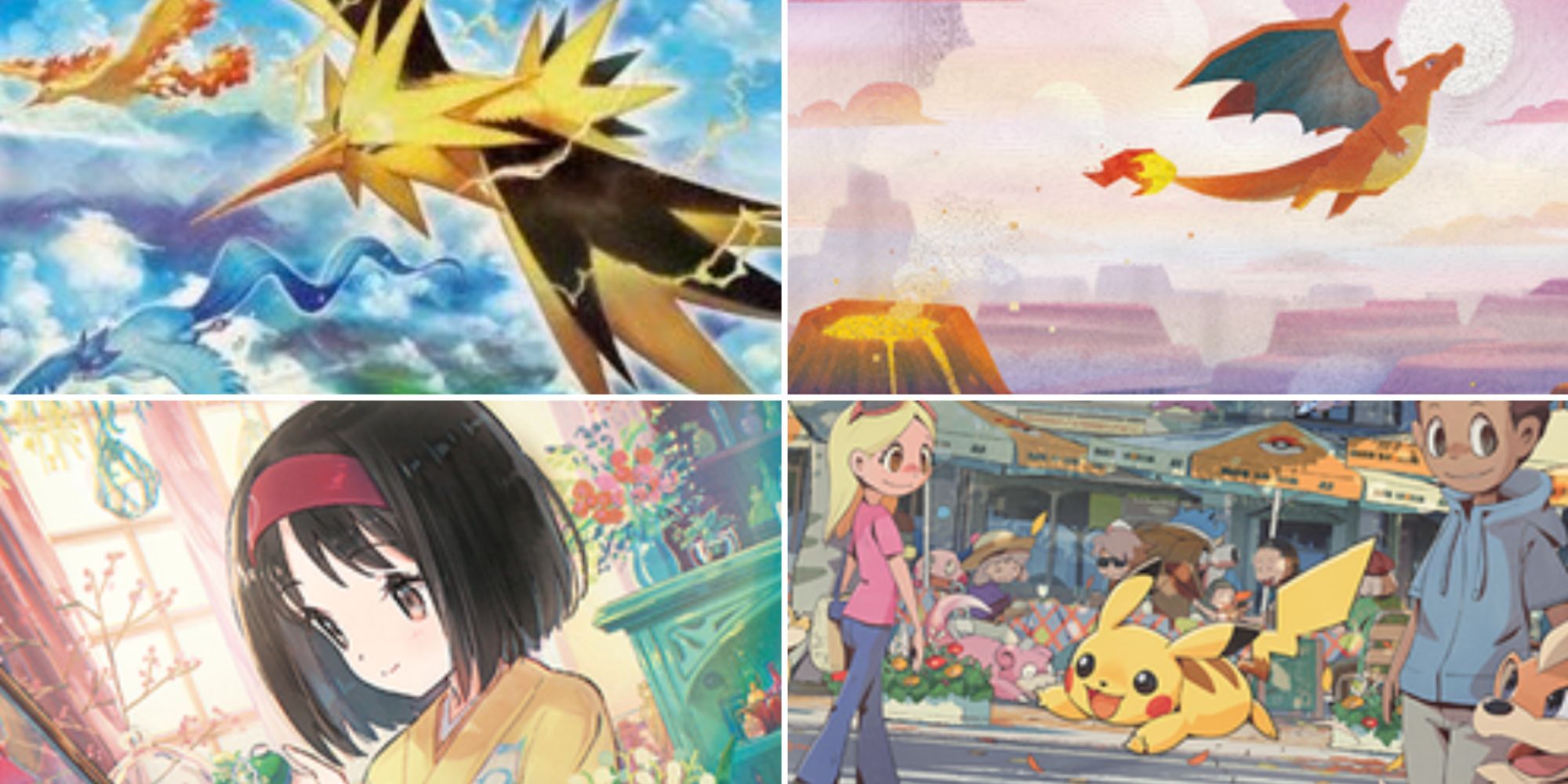Split image of Zapdos, Charizard, Erika, and Pikachu art from Pokemon Scarlet & Violet 151