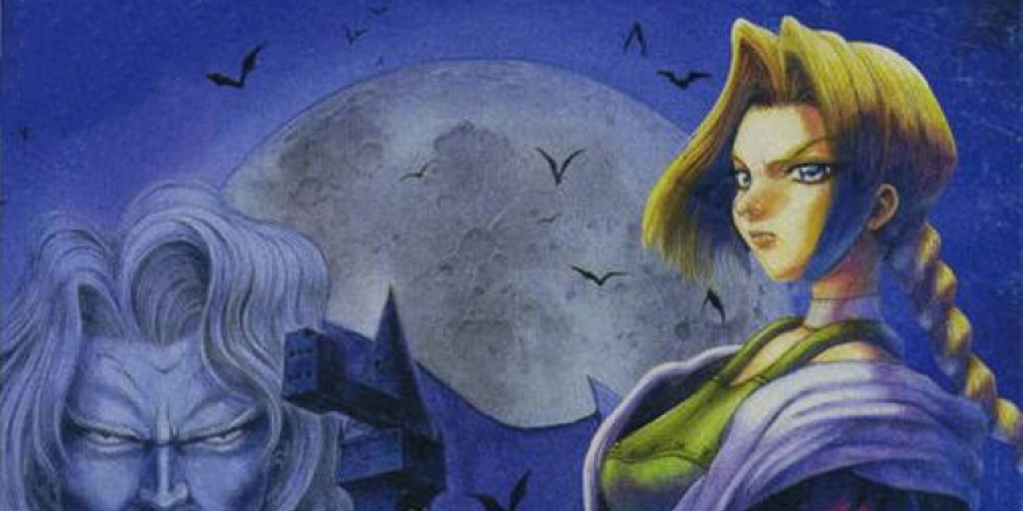 Still of cropped box art of Sonia Belmont standing in front of the moon in Castlevania