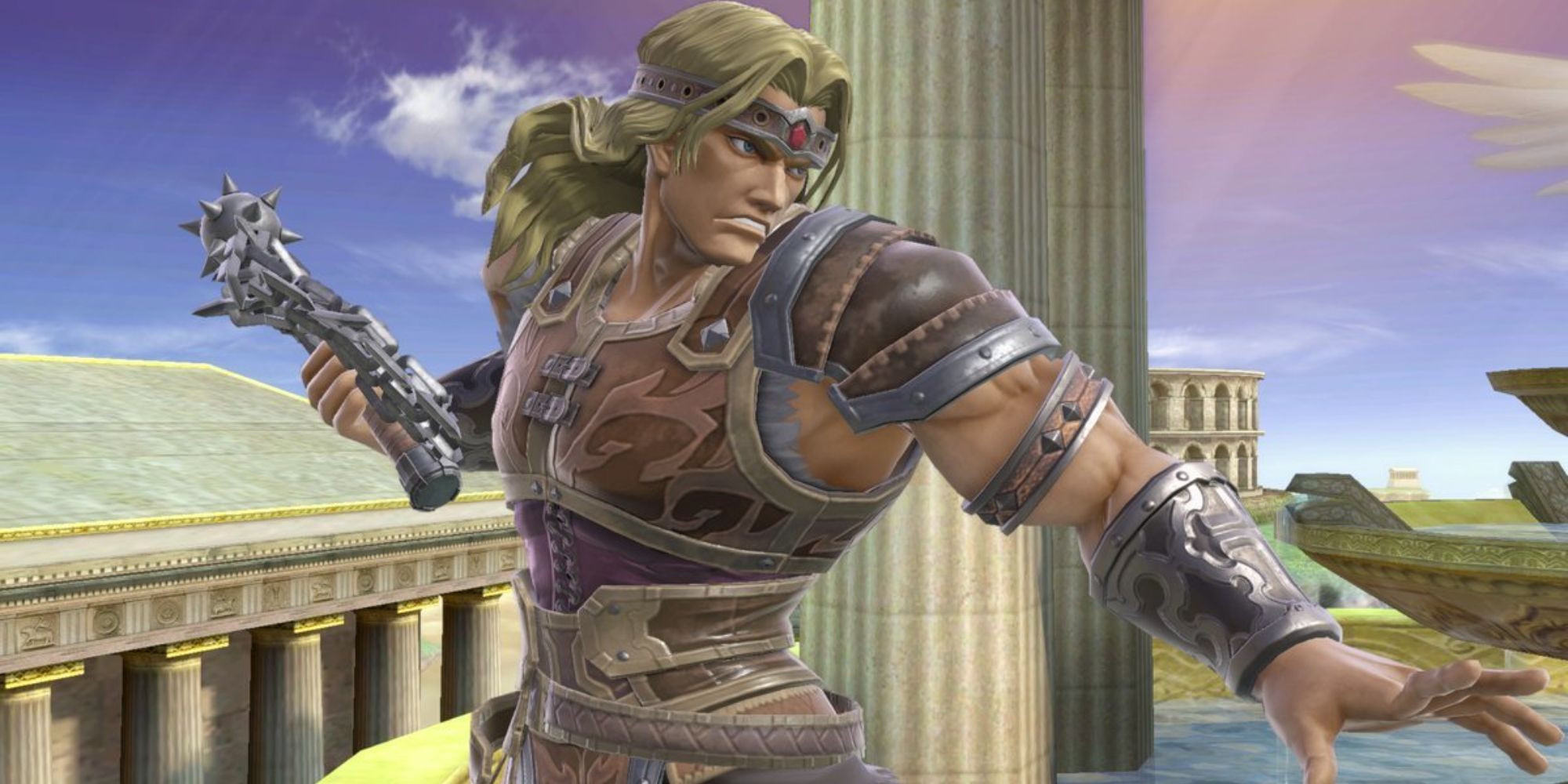 Still of Simon Belmont holding a metal device in Super Smash Bros