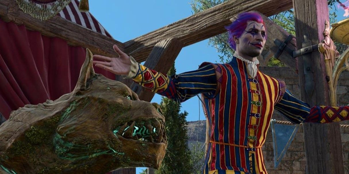 Dribbles the Clown in Baldur's Gate 3 with a stone hound.