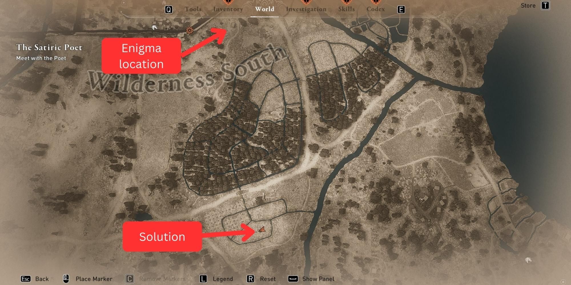 ac mirage map marked with the location and solution of joy beneath weeping palms enigma