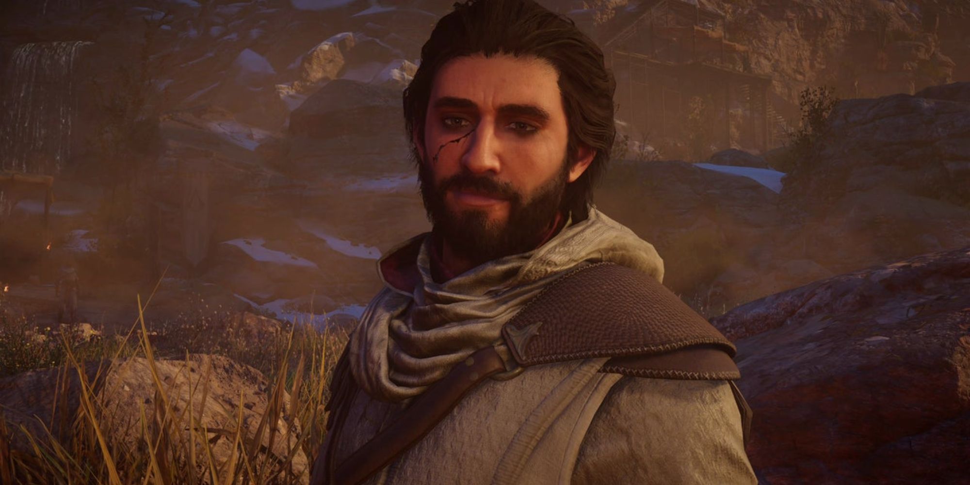 Still of Basim standing in the wilderness with a scratch on his face in Assassin's Creed Mirage