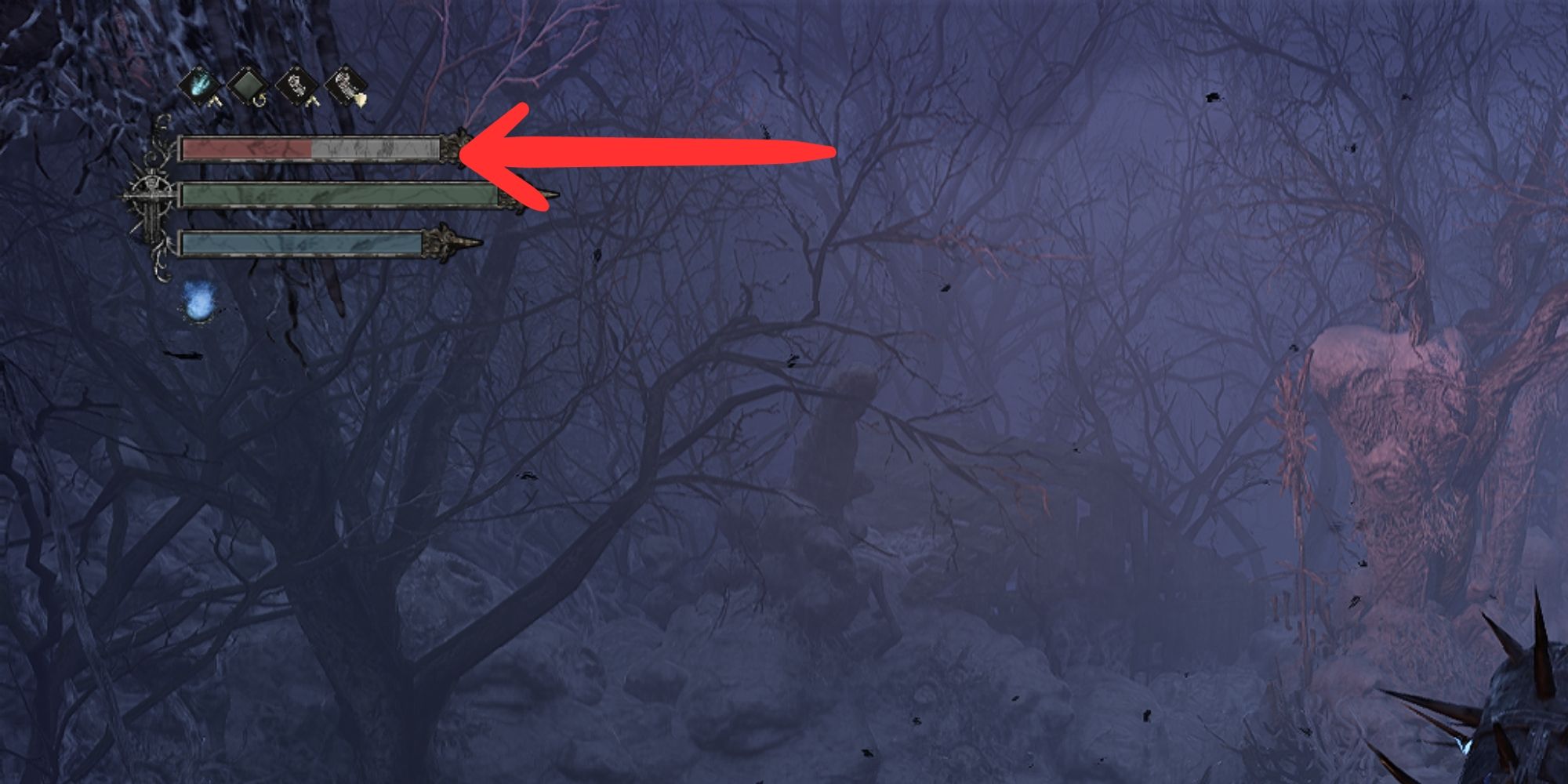 arrow pointing towards withered health in lords of the fallen