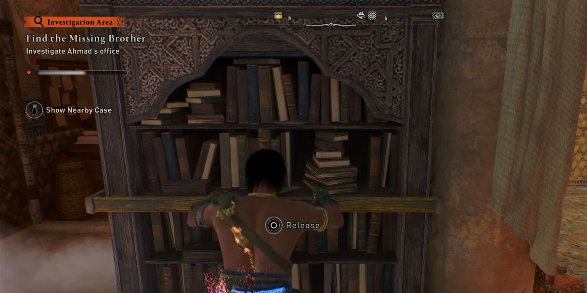 Assassin's Creed Mirage Find Missing brother bookshelf