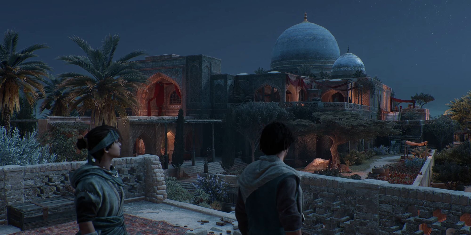 Basim and Nehal overlooking the Winter Palace in AC Mirage