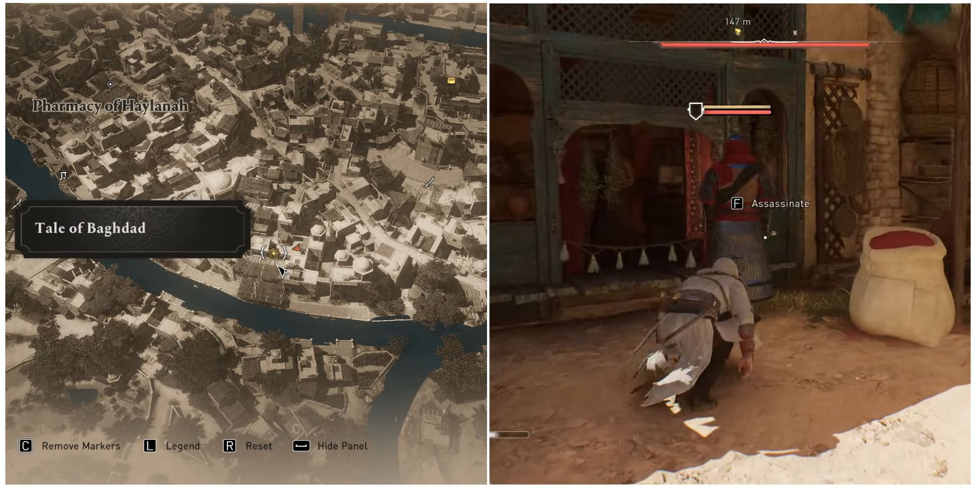 Assassin's Creed Mirage Tales of Baghdad Location and Basim Assassinating a Captain