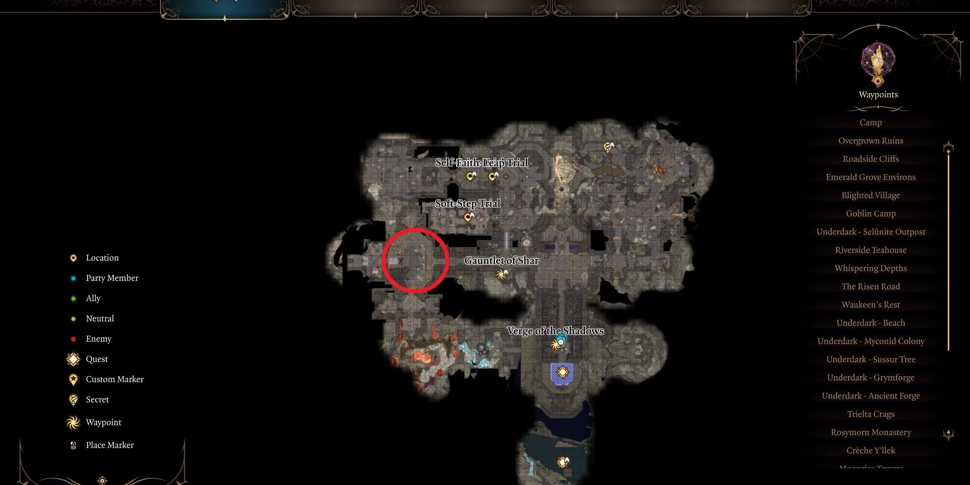 Balthazar's location on a map of the Gauntlet of Shar circled in red in Baldur's Gate 3.