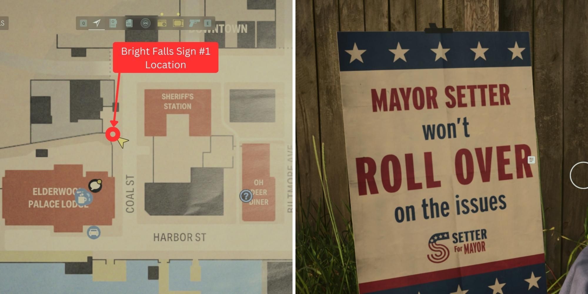 Bright Falls Mayor Setter Sign #1 Location marked in split image