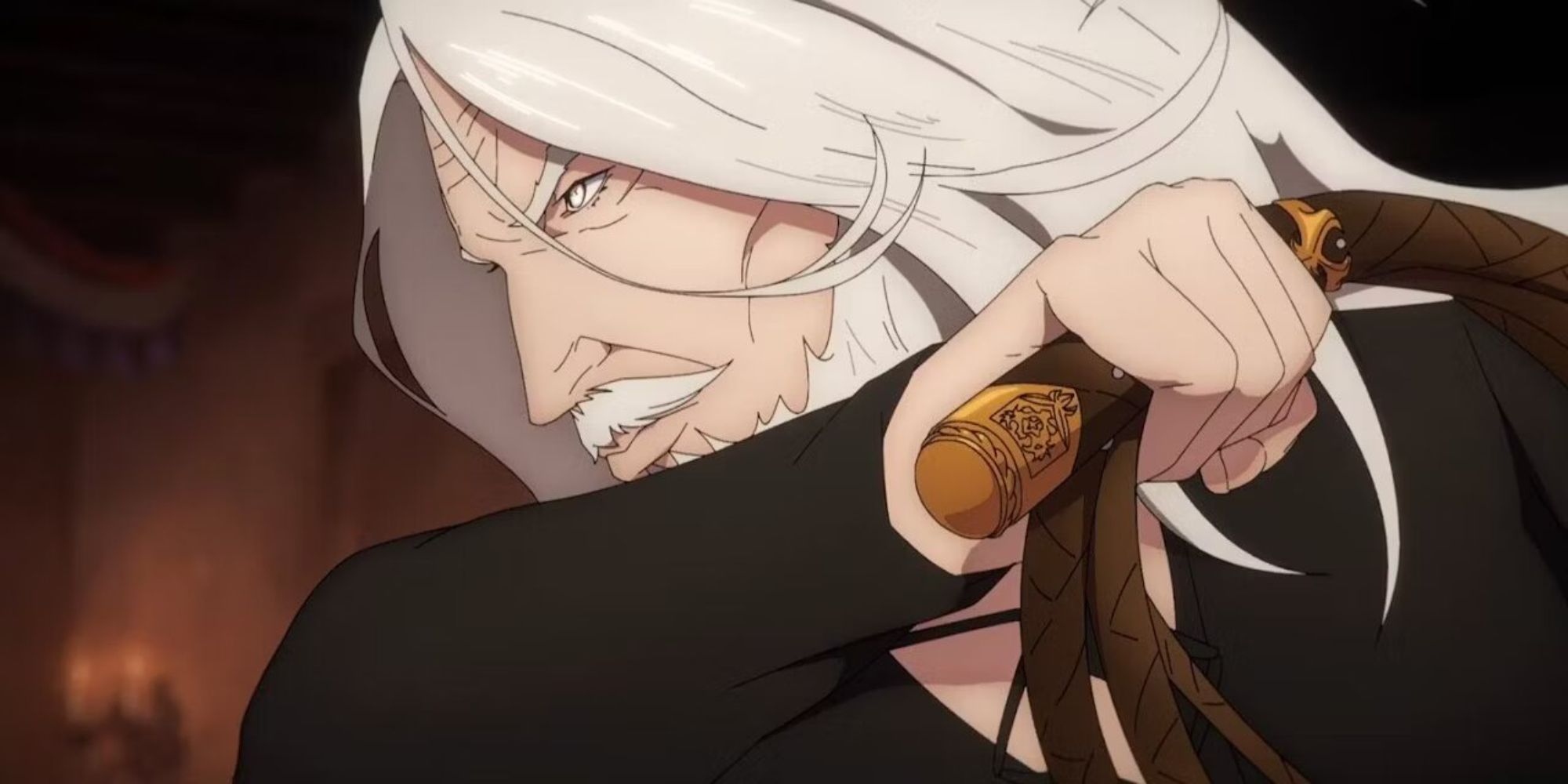 Still of Juste from Castlevania Nocturne with white hair using a whip