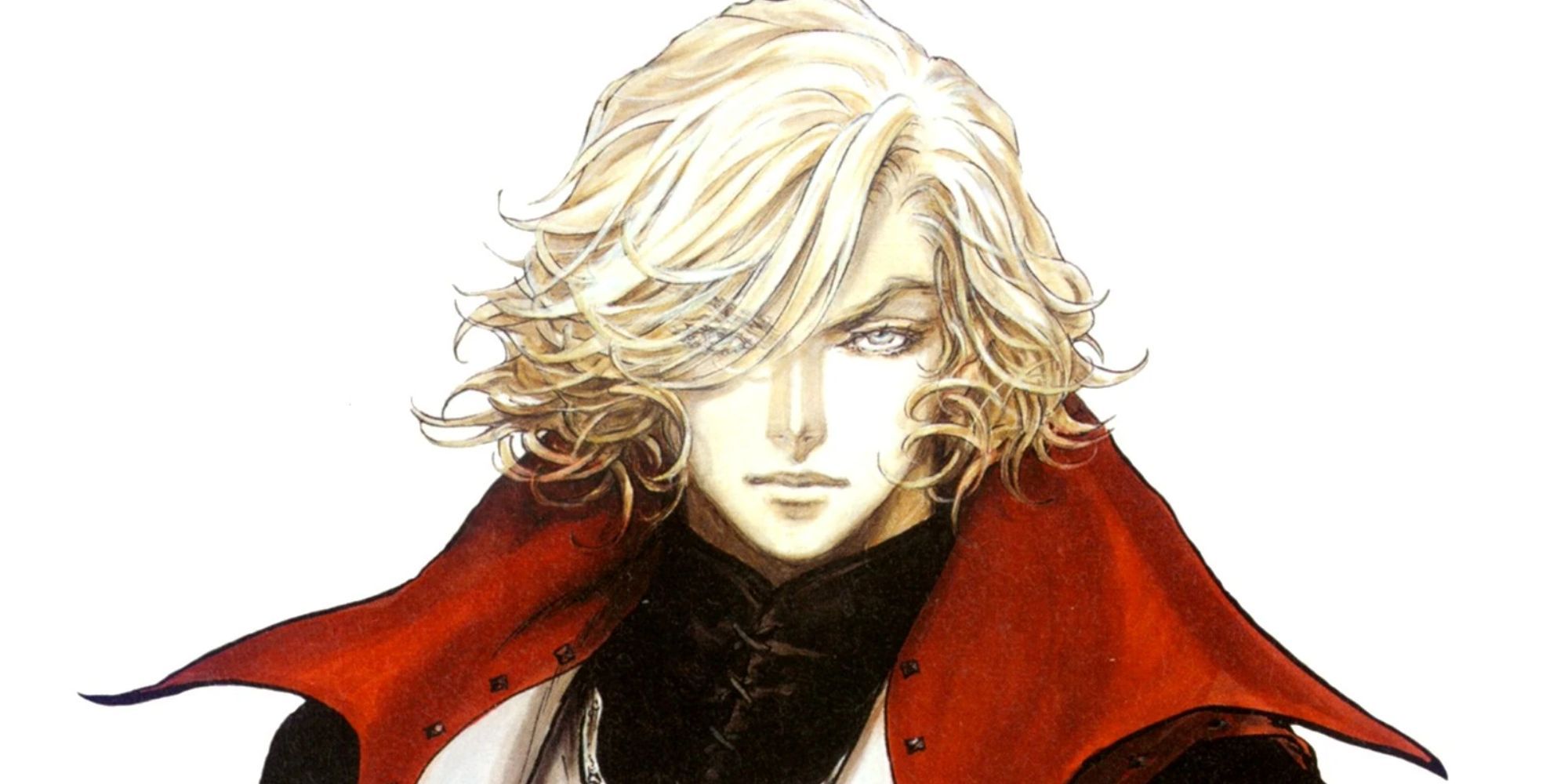 Still of an artist's sketch of Leon Belmont with a red cloak and blonde hair in Castlevania