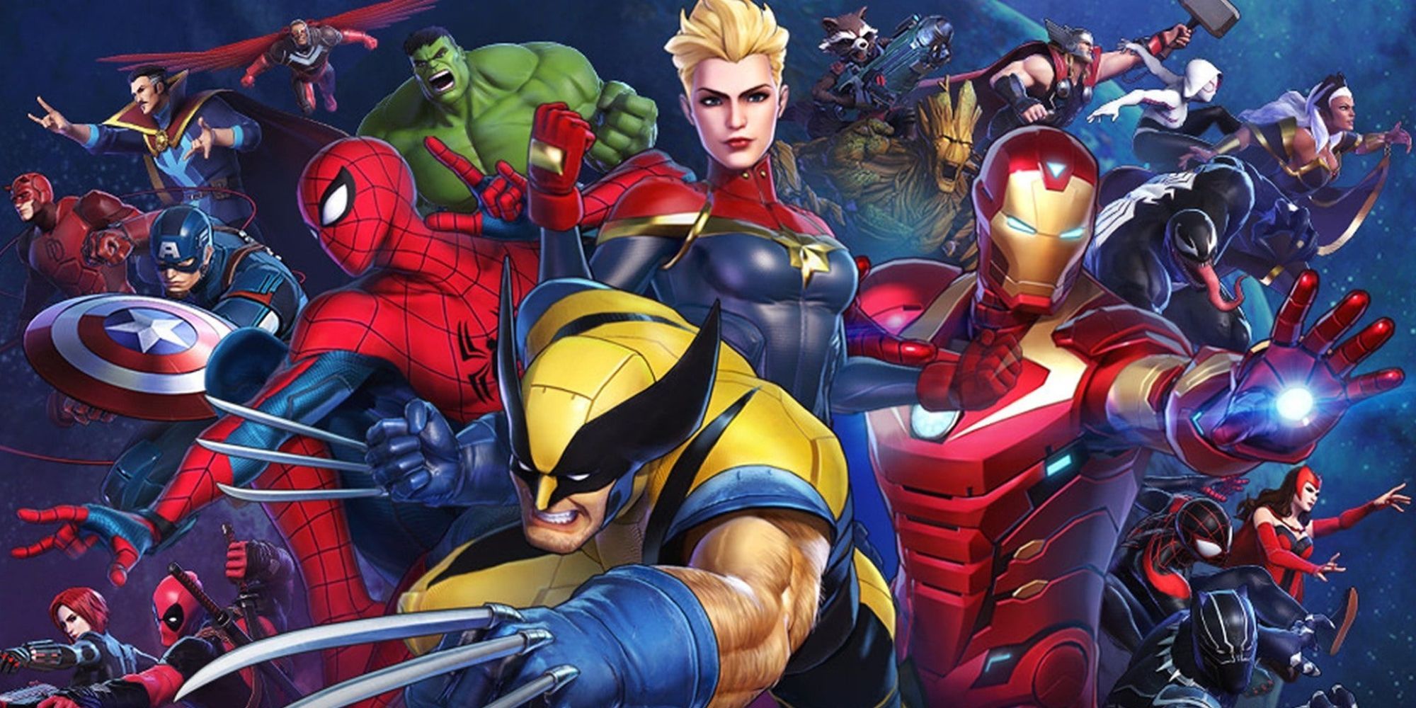 Marvel Ultimate Alliance 3 Spider-Man Wolverine, Ironman, Captain Marvel, Miles, Scarlet Witch, Captain America, Thor, Groot, Hulk, Strange, Deadpool, Black Widow
