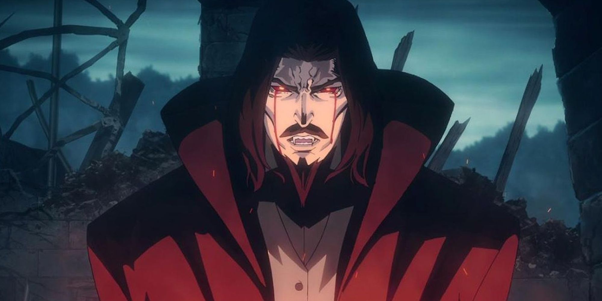 Still of Dracula wearing a red cloak on a battlefield in Castlevania