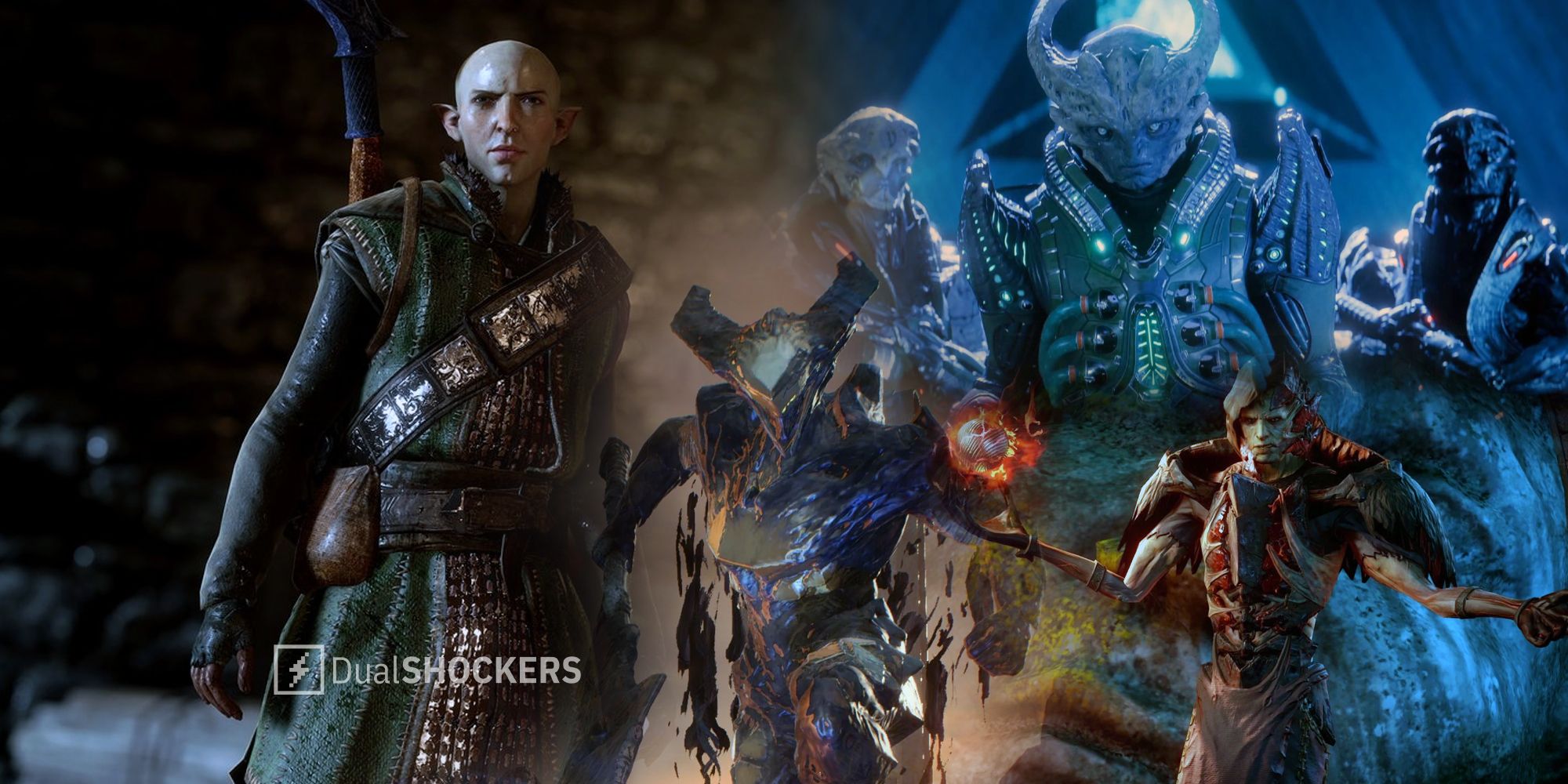Dragon Age: Dreadwolf Solas, Corypheus from Dragon Age Inquisition, Archon of the Kett from Mass Effect: Andromeda, and The Monitor from Anthem villians gameplay