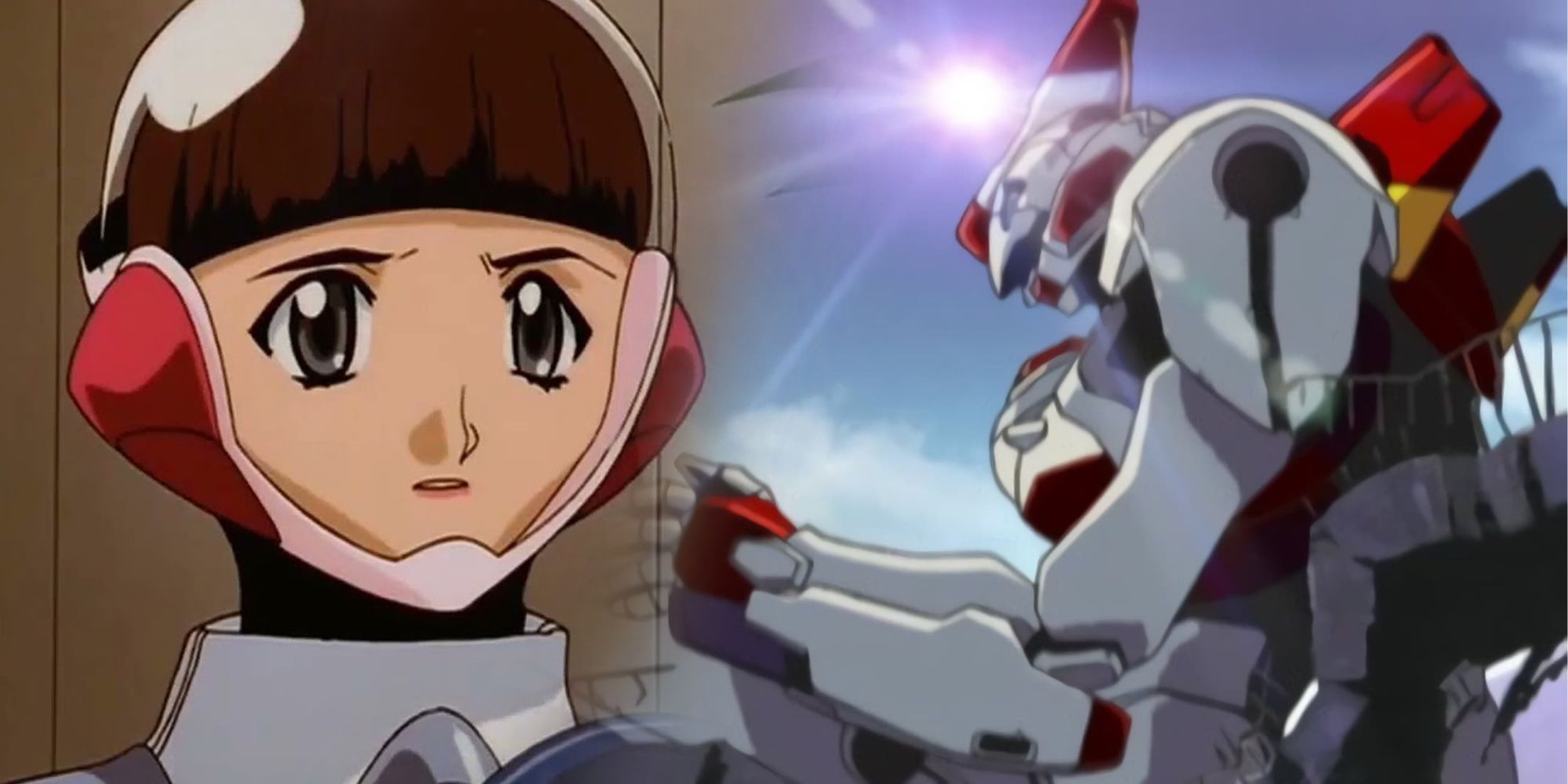 Mitsuki wearing her suit on the left, and her mecha on the right