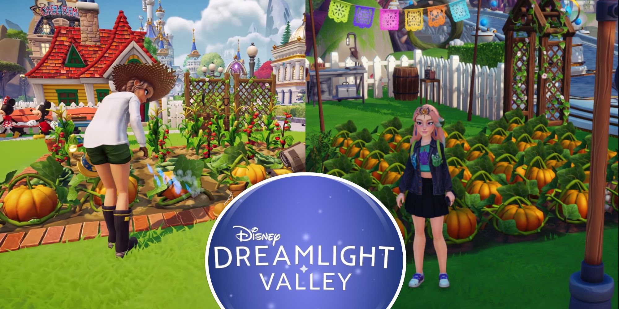 Disney Dreamlight Valley split image two screenshots of characters with crops and the game's logo