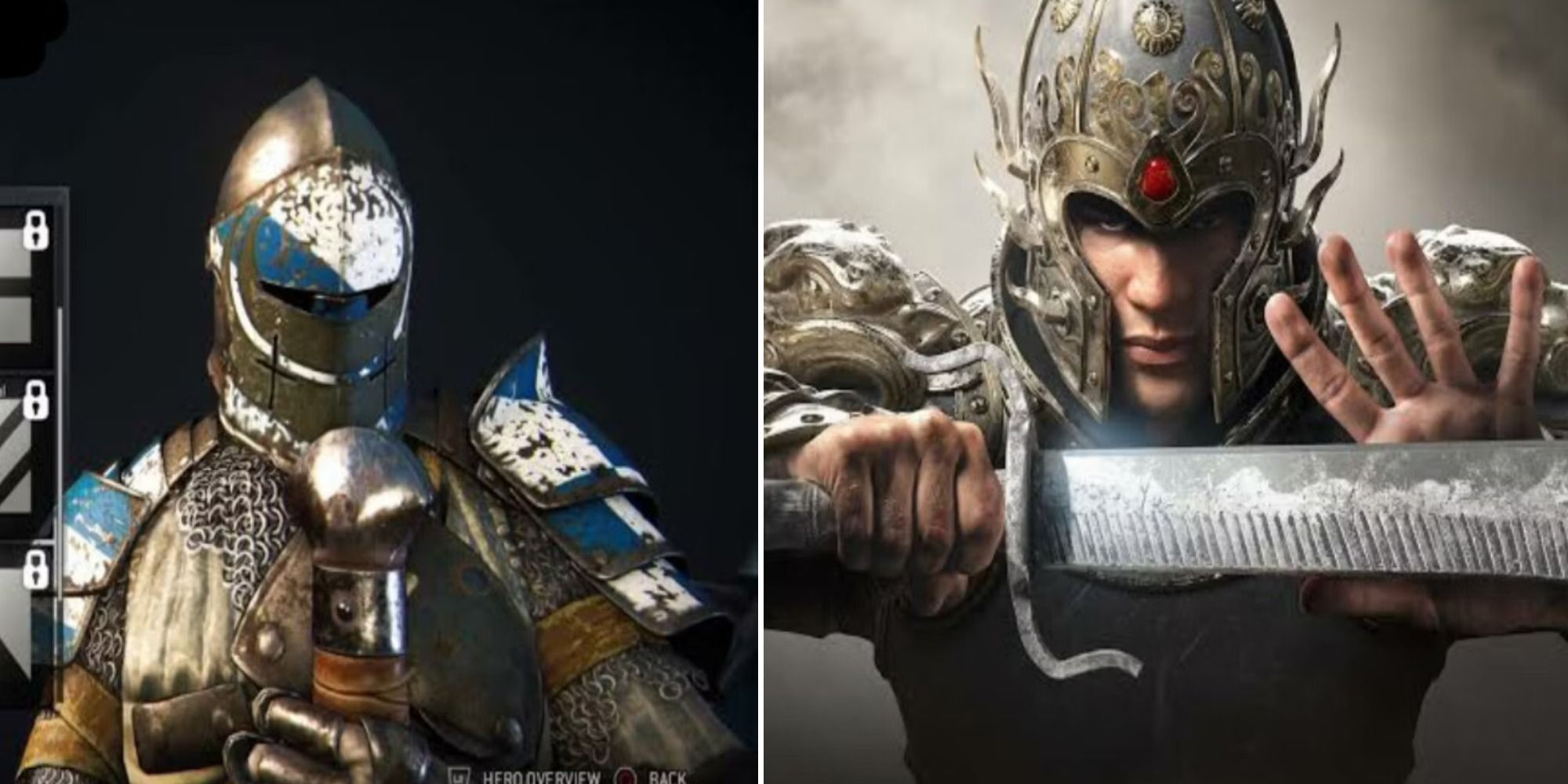 For Honor split image the Warden in character customization menu and Tiandi wielding blade