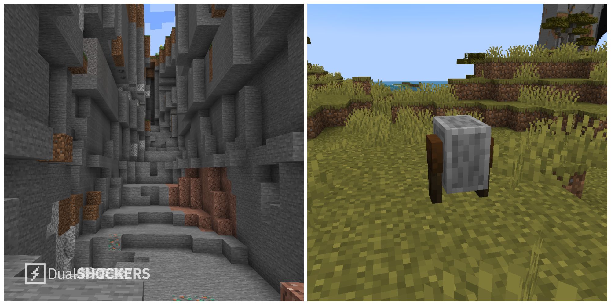 Split image of a cave and a Grindstone in Minecraft.