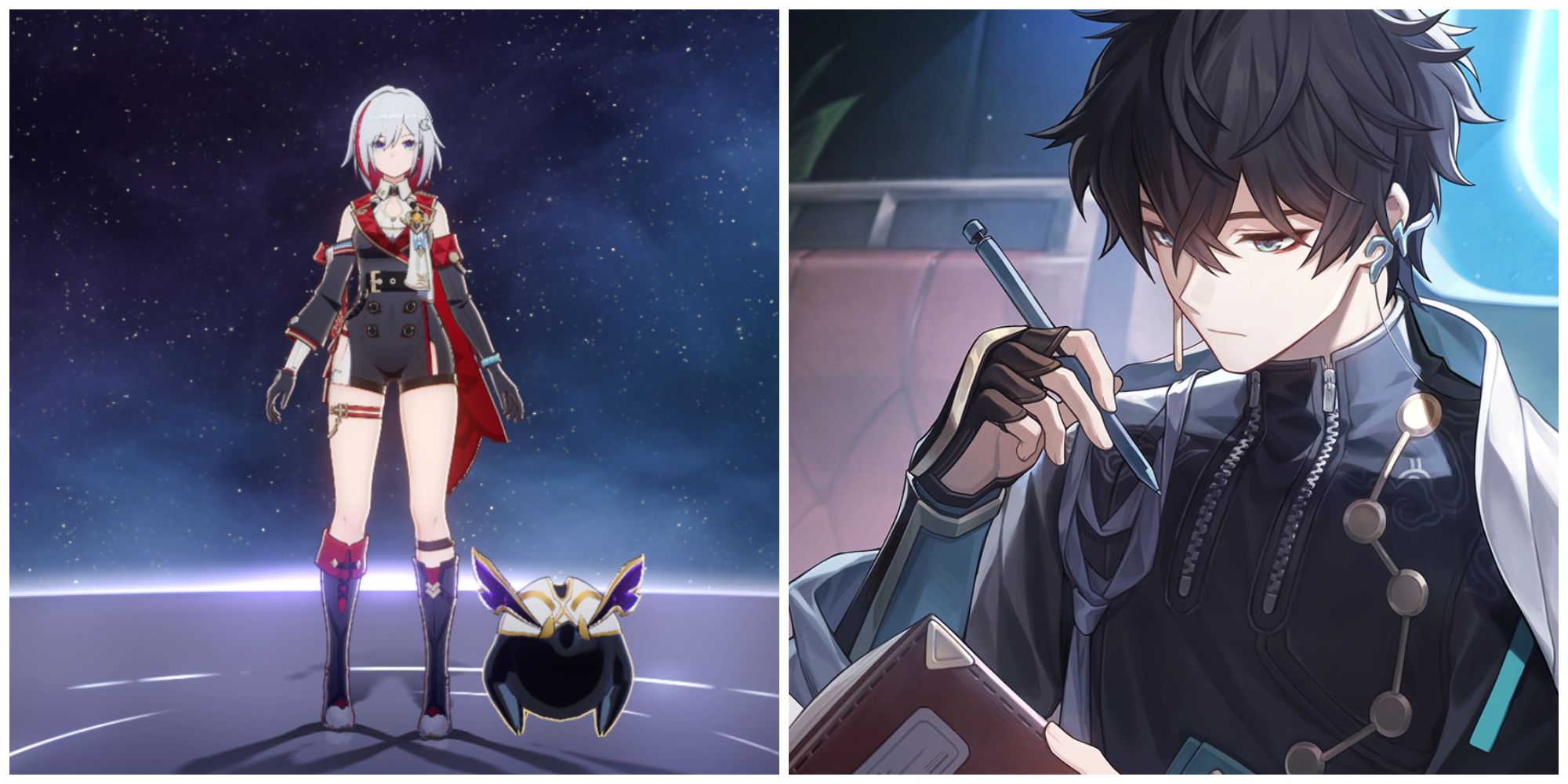 Split image of the character Topaz in her main profile and the artwork for Only Silence Remains in Honkai Star Rail.