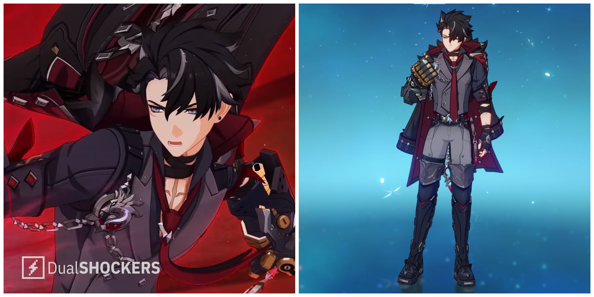 Split image of Wriothesley in a character demo and in his main profile page in Genshin Impact.