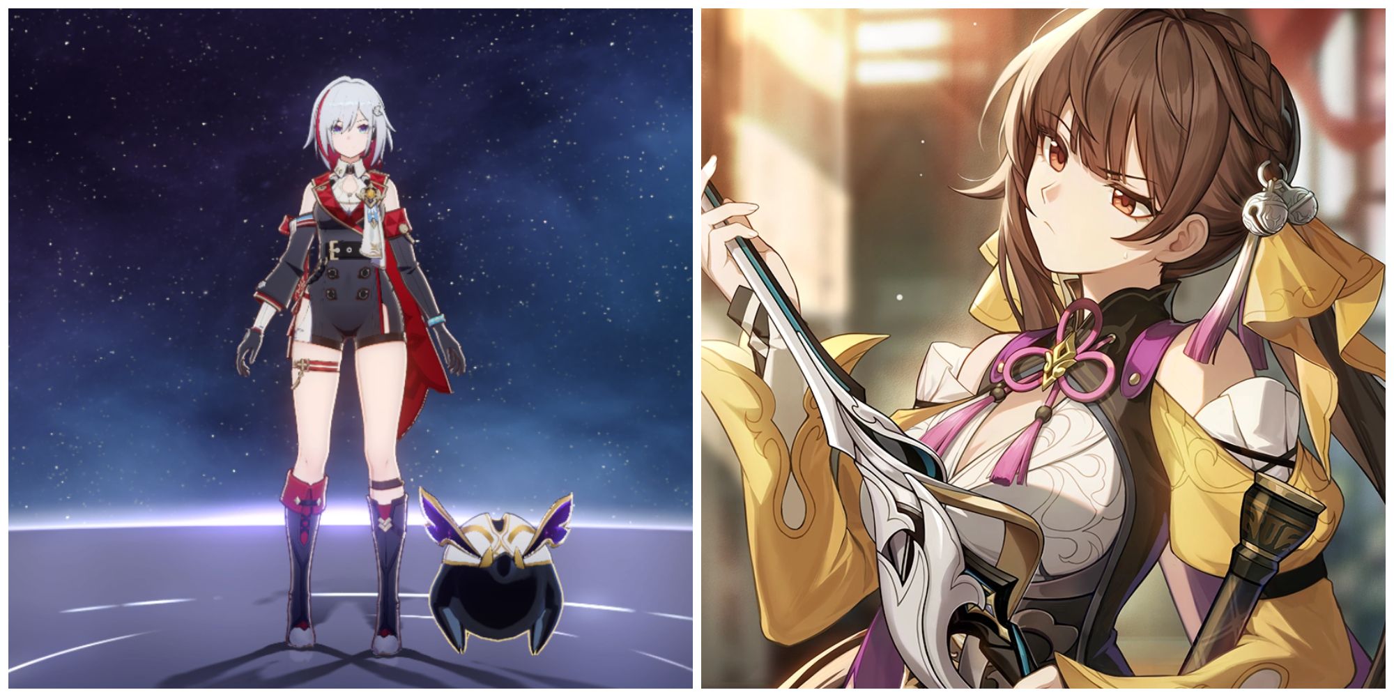 Split image of the character Topaz and the artwork for Swordplay in Honkai Star Rail.