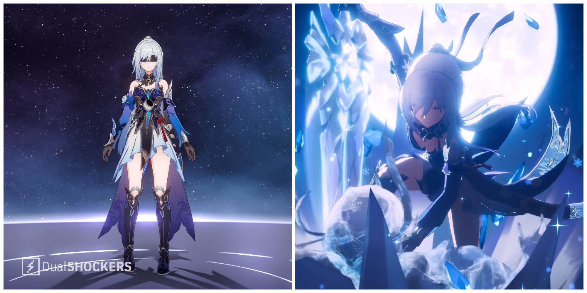 Split image of Jingliu in her main profile and in a character demo for Honkai Star Rail.