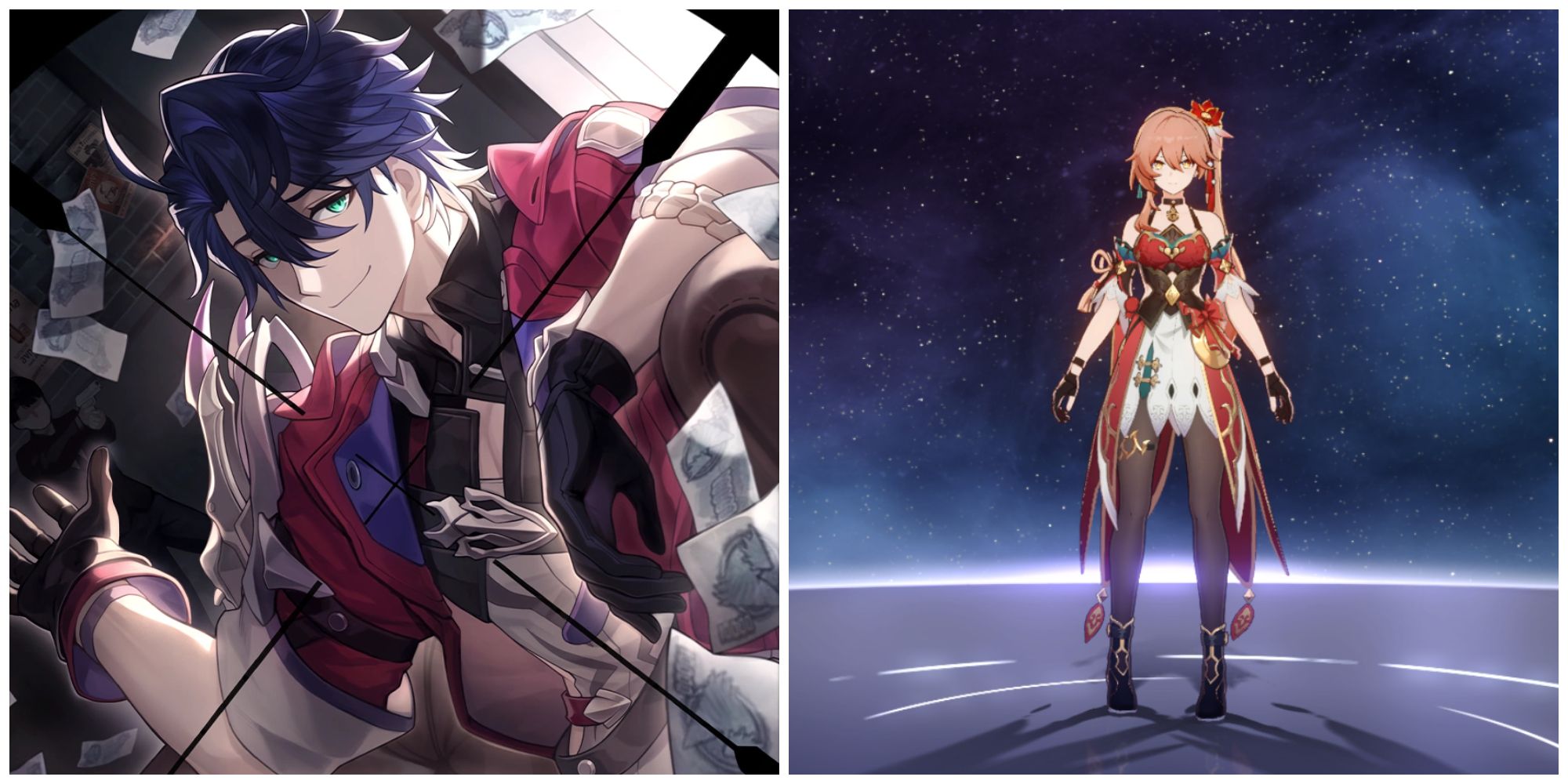 Split image of the artwork for Eyes of the Prey and the character Guinaifen in Honkai Star Rail.