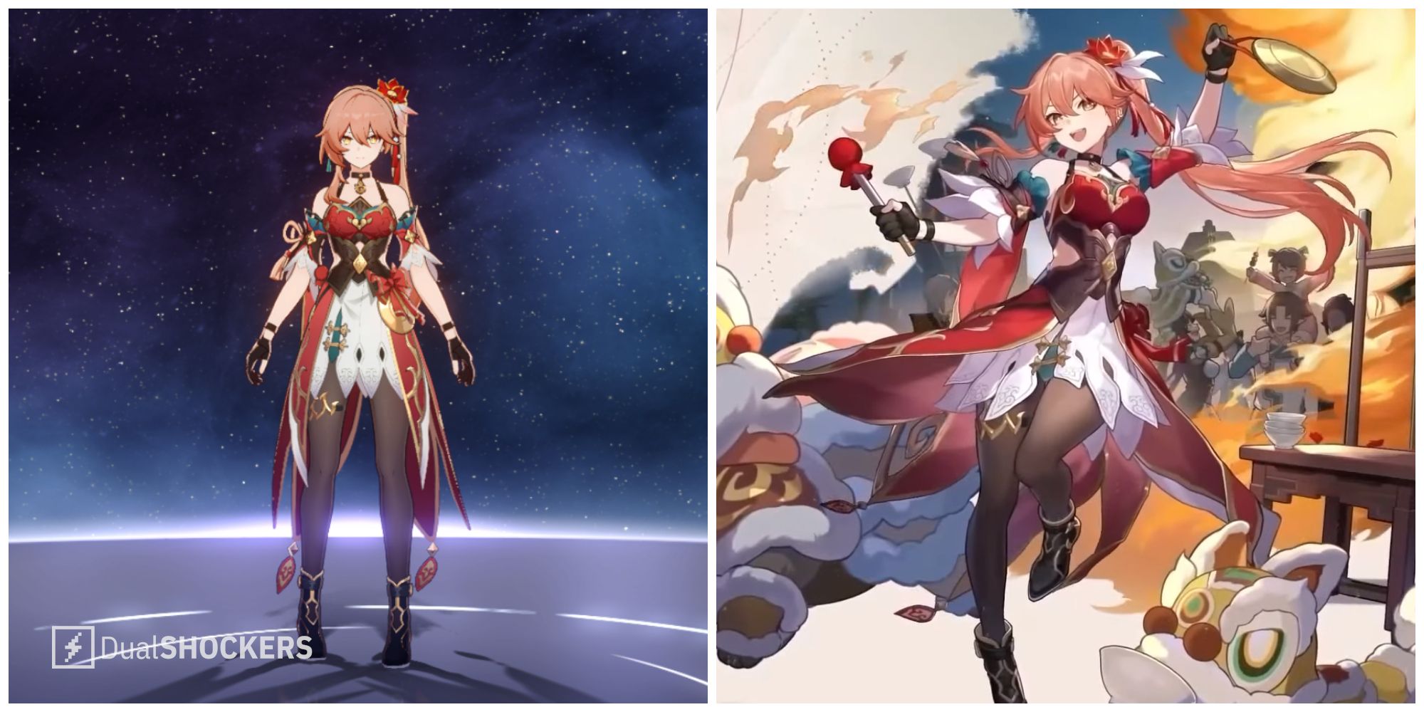 Split image of the character Guinaifen in her main profile and in a character demo for Honkai Star Rail.