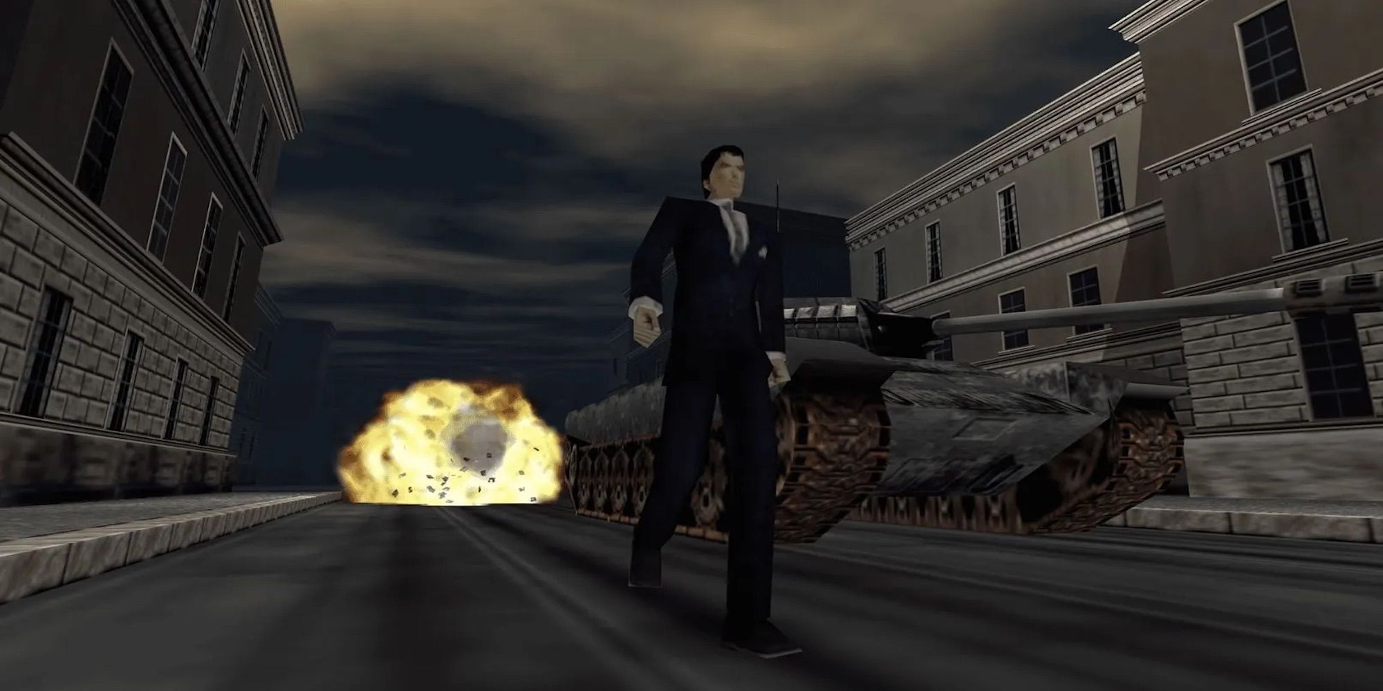 James Bond walking away from an explosion (GoldenEye 007)