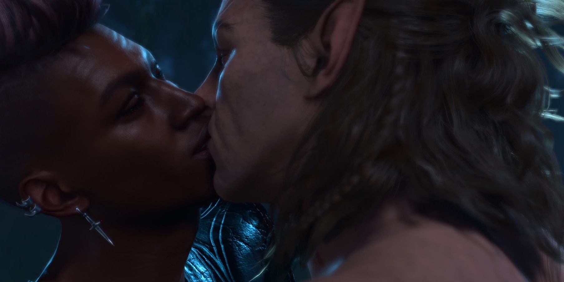 Halsin and Tav kiss in Baldur's Gate 3