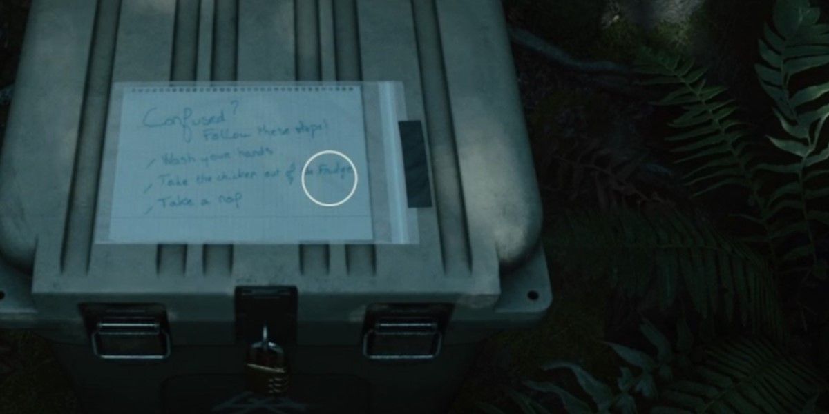 The Alan Wake 2 character found a locked box at a campsite and must solve the riddle to unlock it.