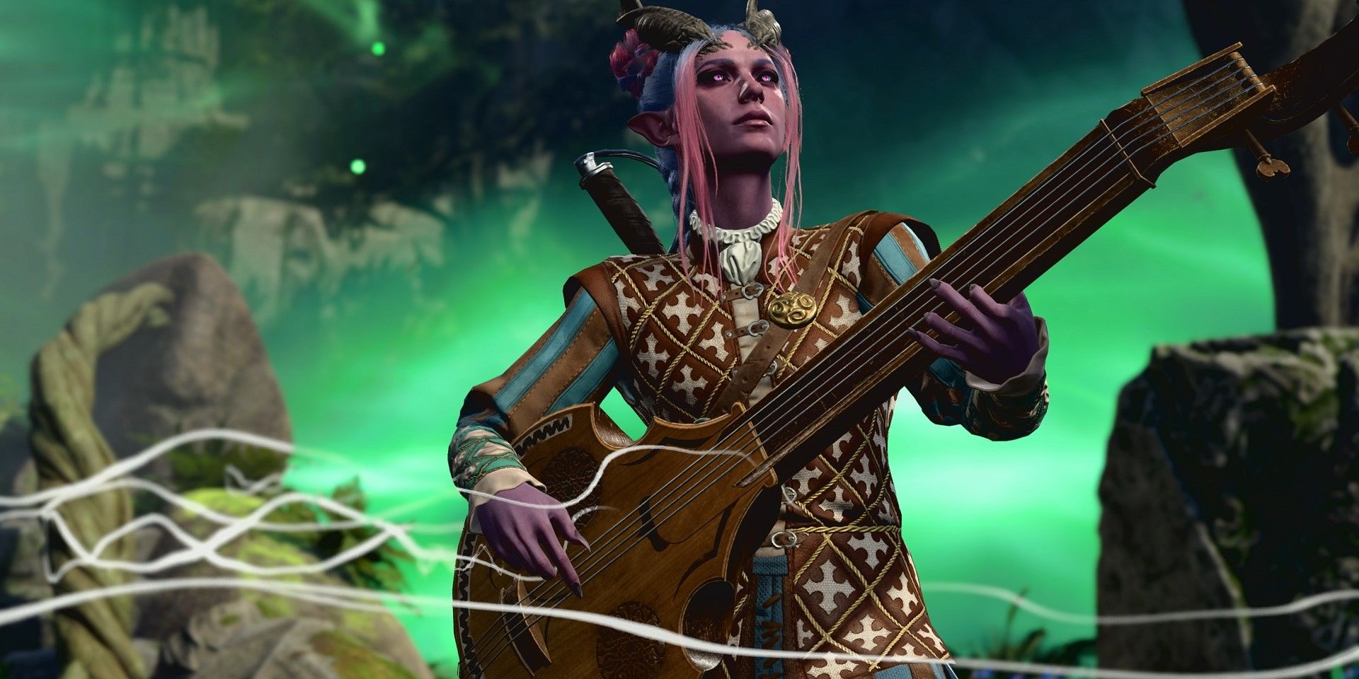 A tiefling playing a lyre in Baldur's Gate 3.