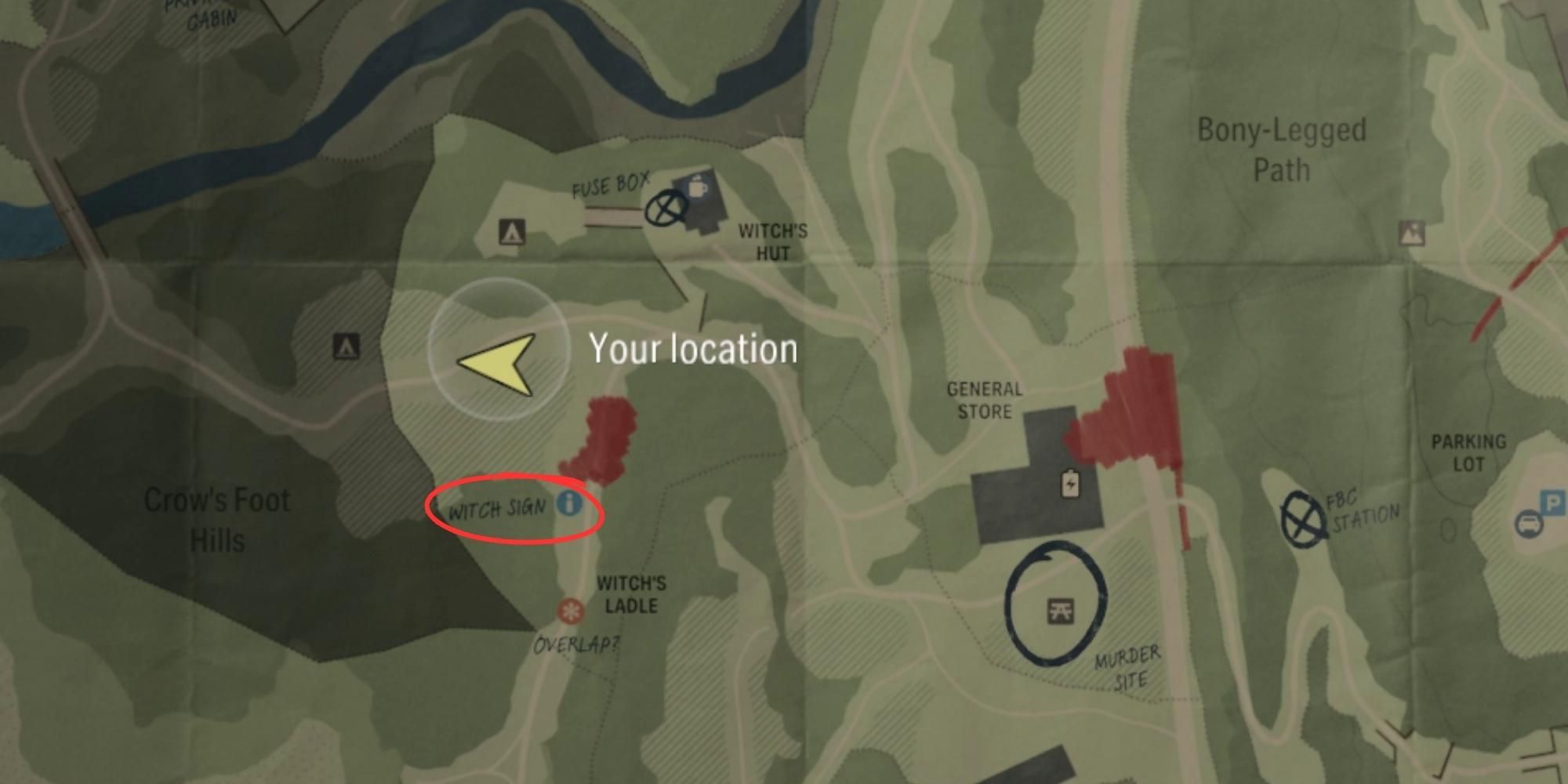 map of cauldron's lake showing the witch's sign in alan wake 2