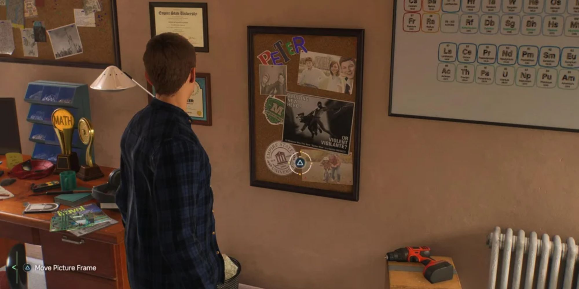 Still of Peter Parker in his old bedroom standing in front of a notice board in Spider-Man 2