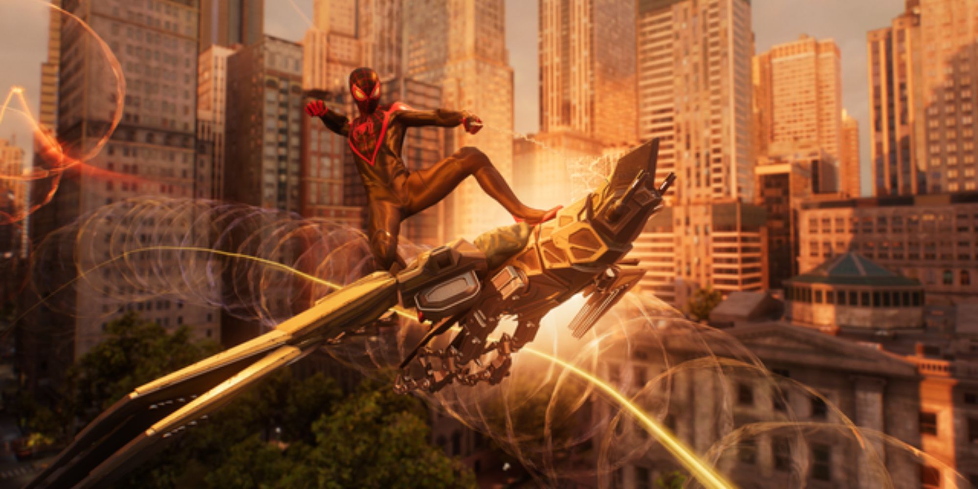 Still of Miles Morales as Spider-Man attacking a Talon Drone over the city in Spider-Man 2