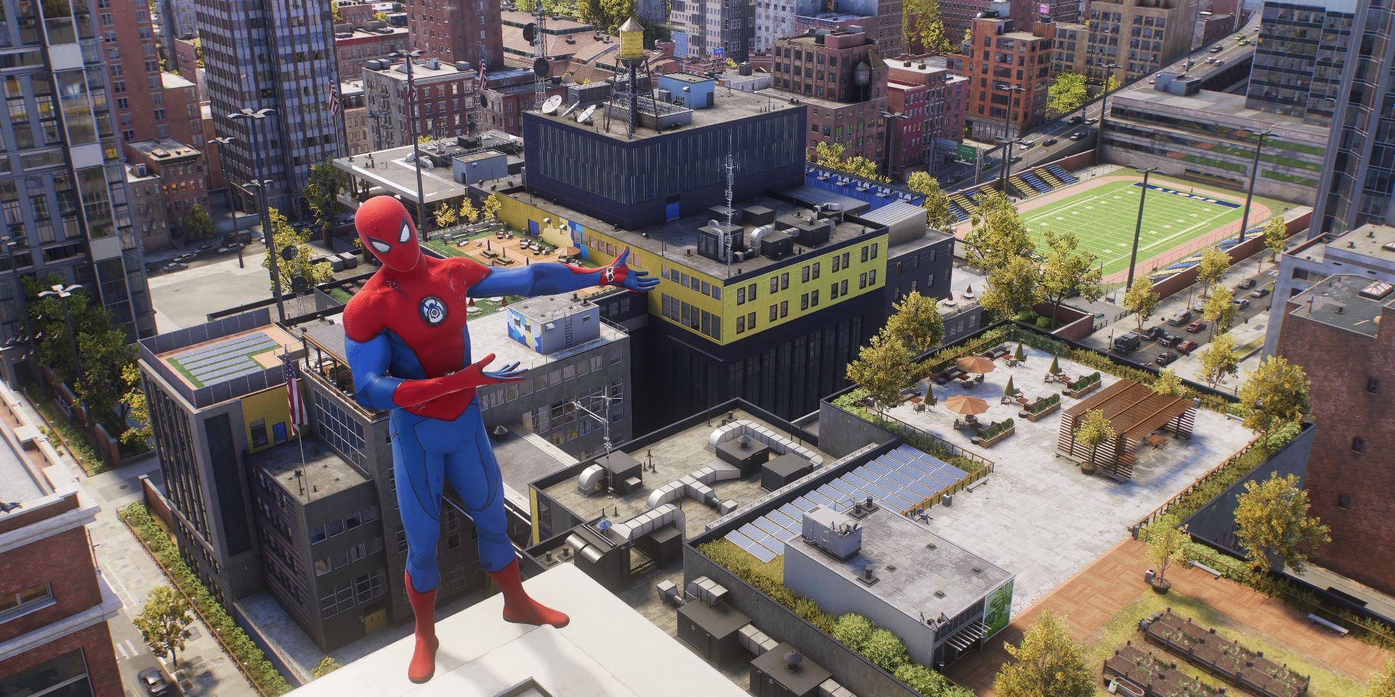 Still of Spider-Man gesturing towards the Brooklyn Visions Campus