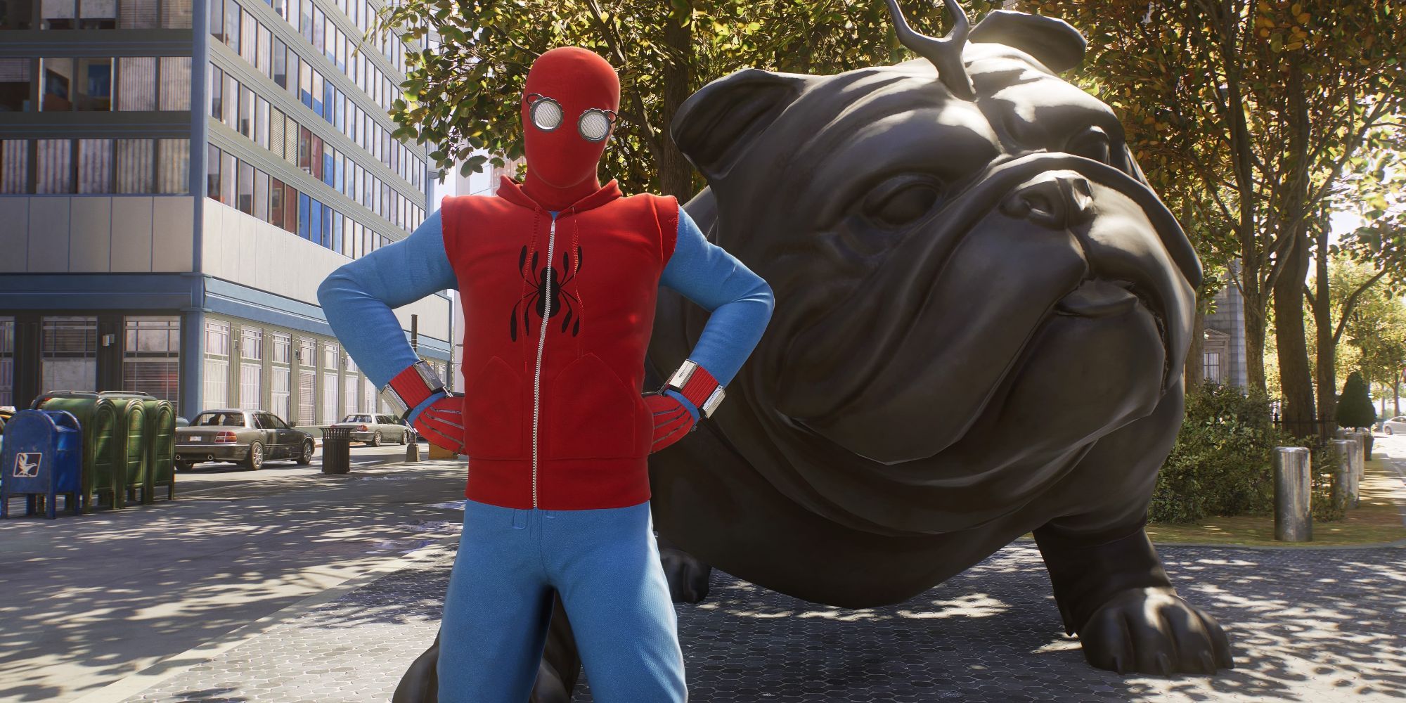 Still of Spider-Man standing next to a statue of a dog in Spider-Man 2